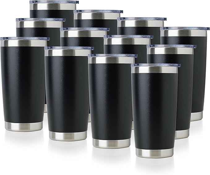 DOMICARE 20oz Stainless Steel Tumbler Bulk with Lid, Double Wall Vacuum Insulated Travel Mug, Powder Coated Coffee Cup, Powder Black, 12 Pack