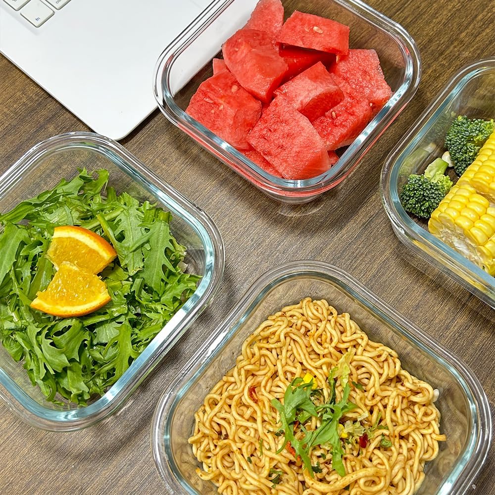 8 Pcs Square Glass Food Storage Container with Lids, 16OZ Square Glass Meal Prep Containers Set, 2 Cup glass Food Storage for Lunch Salad, Microwave, Oven, Freezer, Dishwasher Safe (4 Pack)