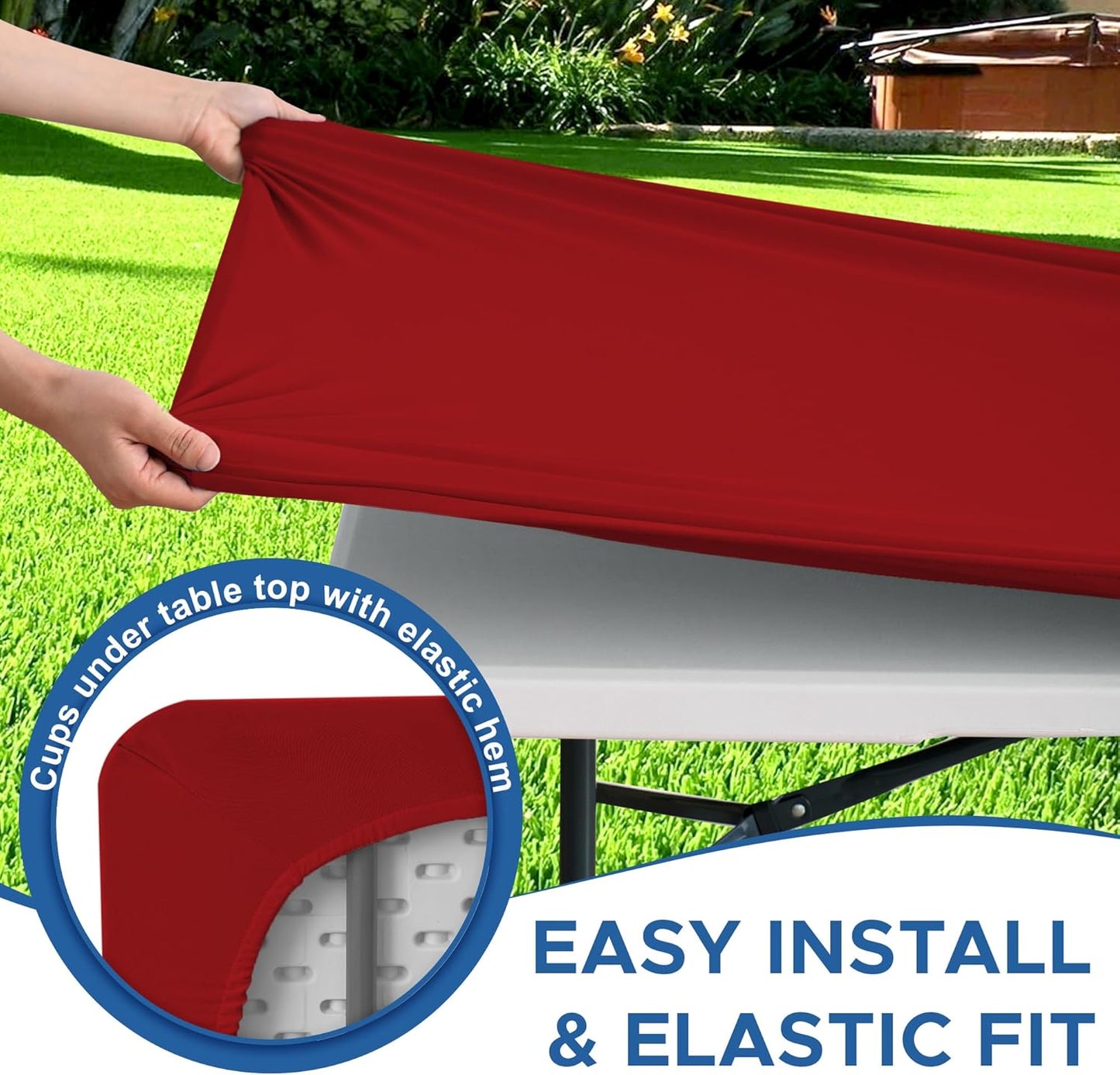 Fitted Tablecloth for 8 Foot Rectangle Tables-4 Pack Red Elastic Outdoor Picnic Table Cover-Spandex Stretch Folding Table Cloths 8ft for Camping Dining Room Patio Kitchen Banquet Party