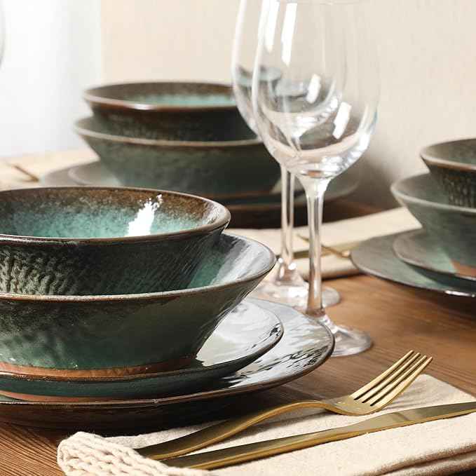 Gibson Elite Green Lantern Service for 4 (16 Piece) Double Bowl Dinnerware Set, Teal, Soft Gray, Dinnerware Set