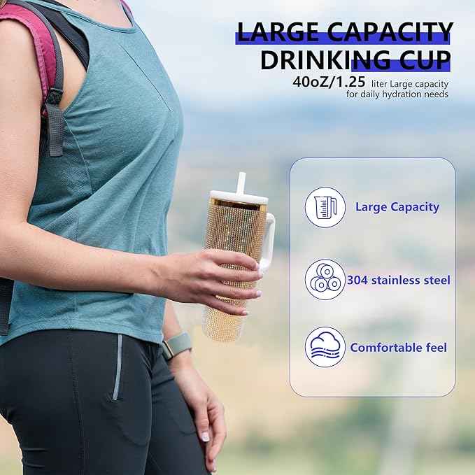 40-OZ Insulated Water Bottle,Insulated Stainless Steel Tumbler,Reusable Cold Drink Thermos,BPA-Free, Double-Wall Stainless Steel Water Bottle (Golden Copper Color-Diamond, 40, Fluid Ounces)