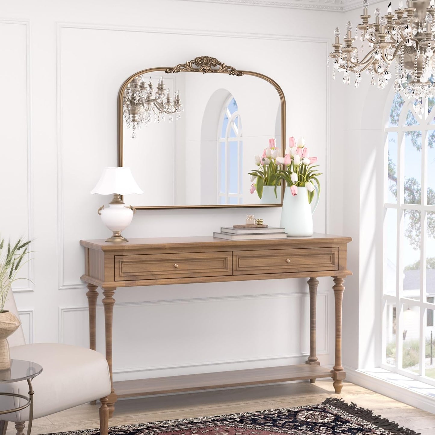 Keonjinn Gold Vintage Mirror for Wall, 36" x 30" Antique Arched Mirrors with Metal Frame, Baroque Style Decoration for Mantle, Bathroom, Living Room, Fireplace, Bedroom, French Cleat Mounting