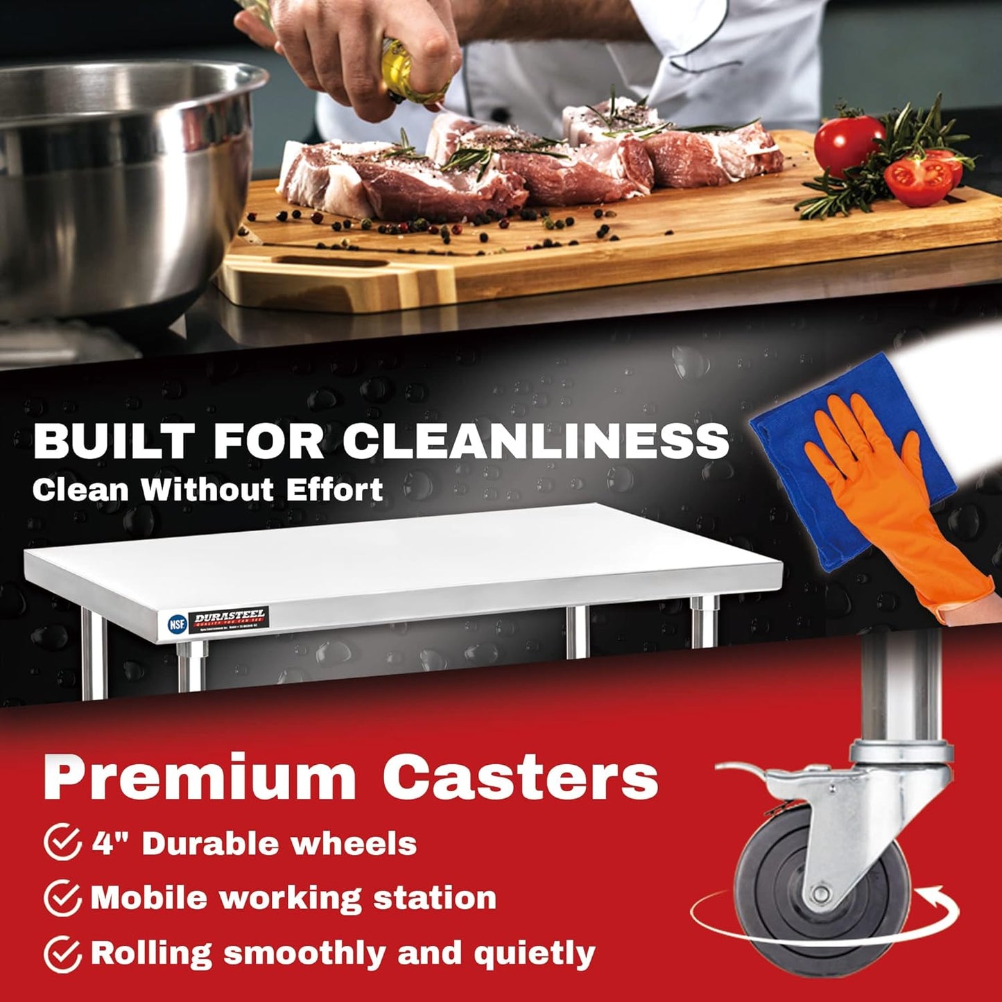 DuraSteel 30x72 NSF Stainless Steel Cart - Heavy Duty Food Prep Table with Undershelf - Rolling Kitchen Island on Wheels for Commercial Restaurant Kitchen, Garage, Outdoor Cooking, BBQ Grill, Counter