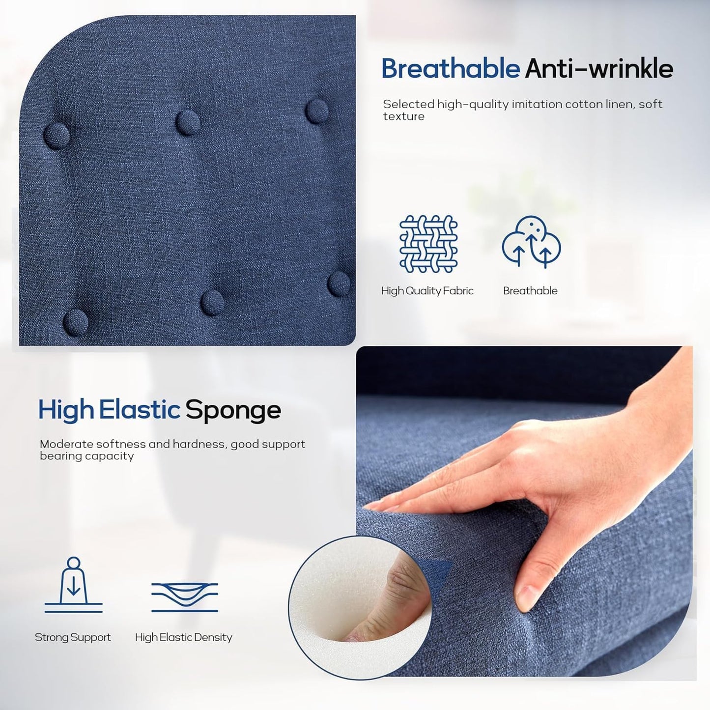 HUIMO Button-Tufted Accent Chairs Set of 2,Upholstered Reading Living Room Chair,Mid Century Modern Chair with Linen Fabric, Club Chair,Comfy Arm Chairs for Living Room,Bedroom,Dark Blue