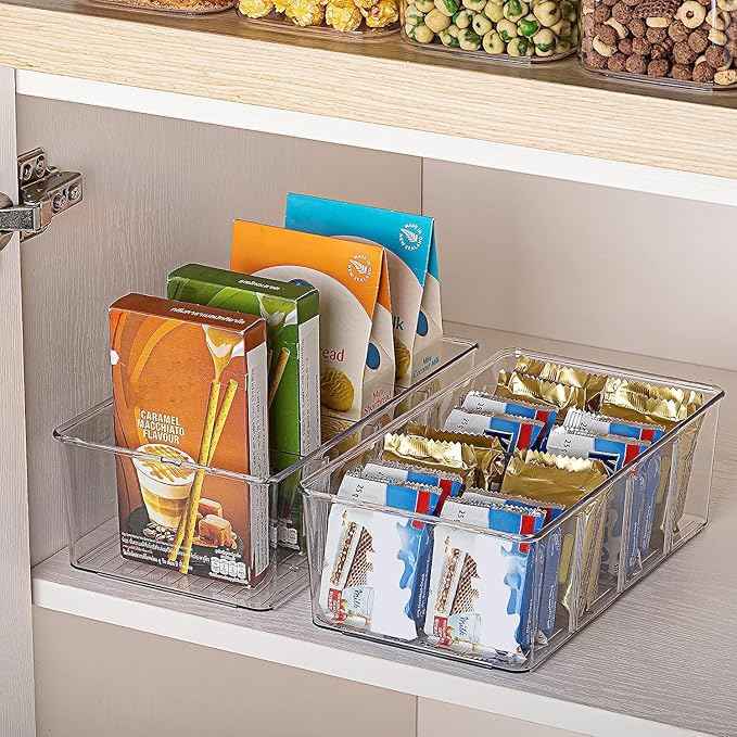 Vtopmart 8 Pack Food Storage Organizer Bins, Clear Plastic Bins for Pantry, Kitchen, Fridge, Cabinet Organization and Storage, 4 Compartment Holder for Packets, Snacks, Pouches, Spice Packets