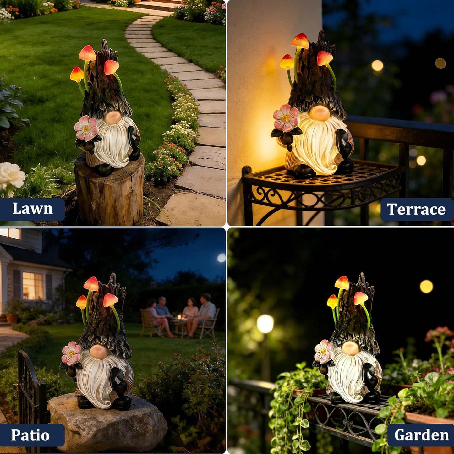Gnome Garden Decor Statue, Solar Powered Gnome with Mushroom Light, Outdoor Yard Patio Decoration, Gift for Mom & Women