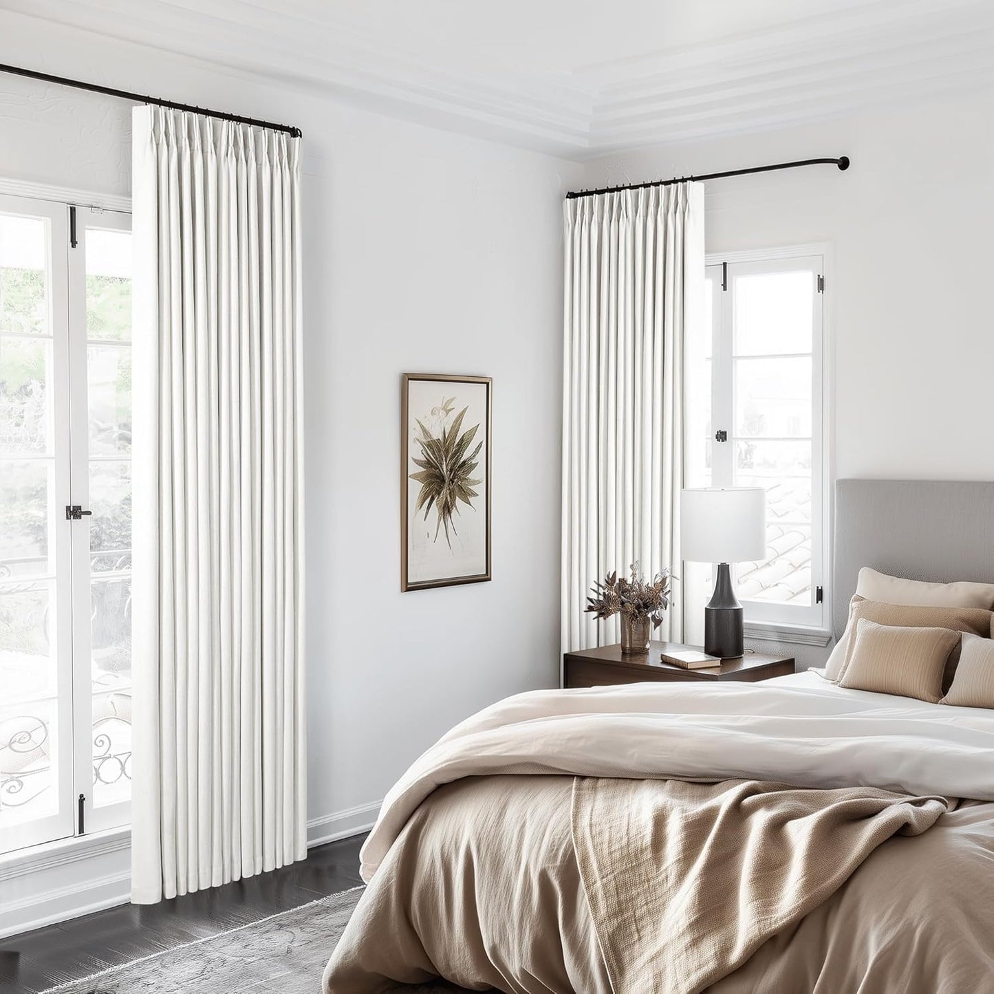 Beige White Pinch Pleated Full Blackout Curtains 2 Panels Set Linen Room Darkening 100% Black Out Window Curtains 96 Inch for Living Room Bedroom Thermal Insulated Pinch Pleat Drapes with Hooks Rings