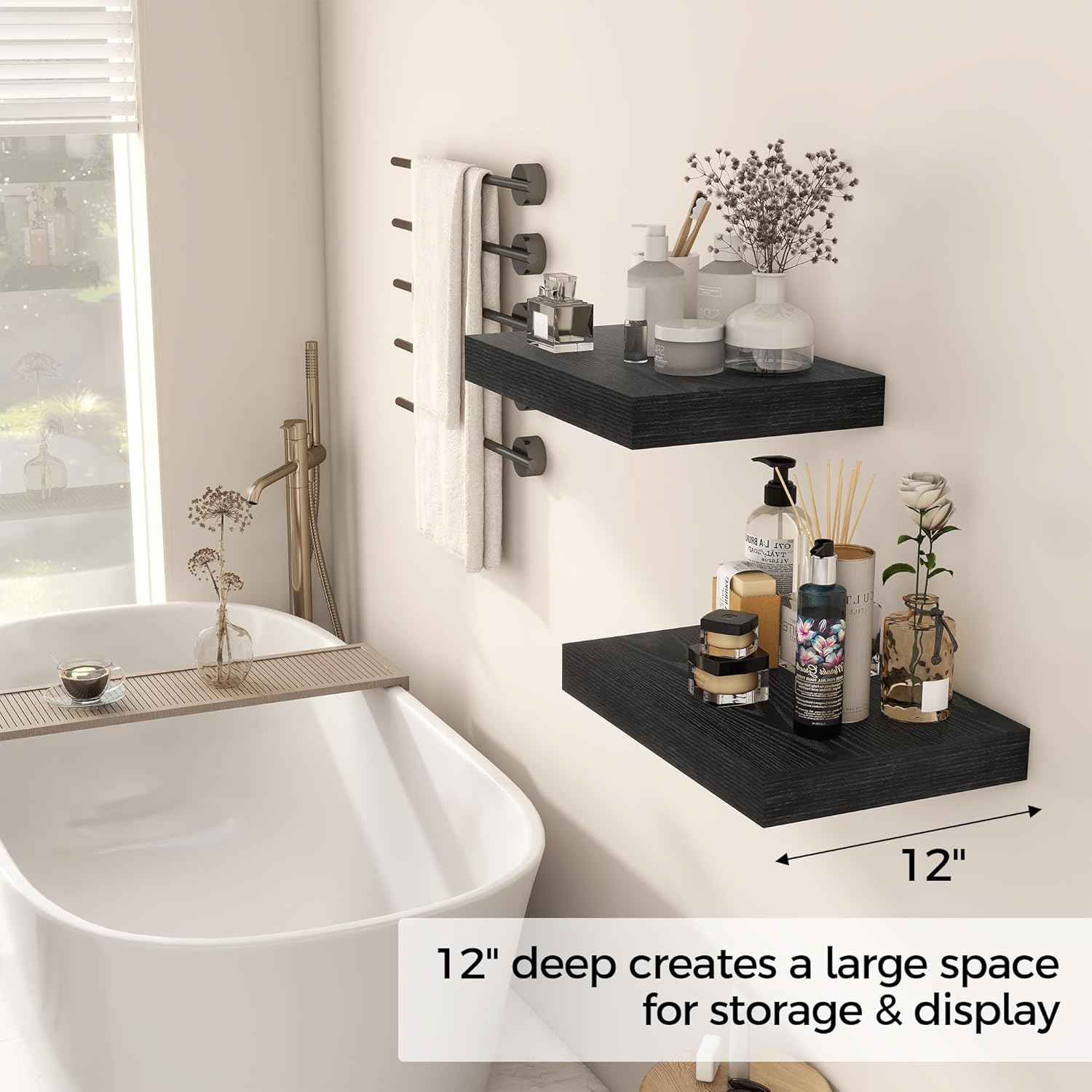 12 Inch Deep Black Floating Shelves, 16 x 12 Floating Shelf for Books, Rustic Wood Deep Wall Shelves for Home Storage & Display, 2" Thicked Shelves for Kitchen, Living Room, Bedroom, 2 Pack