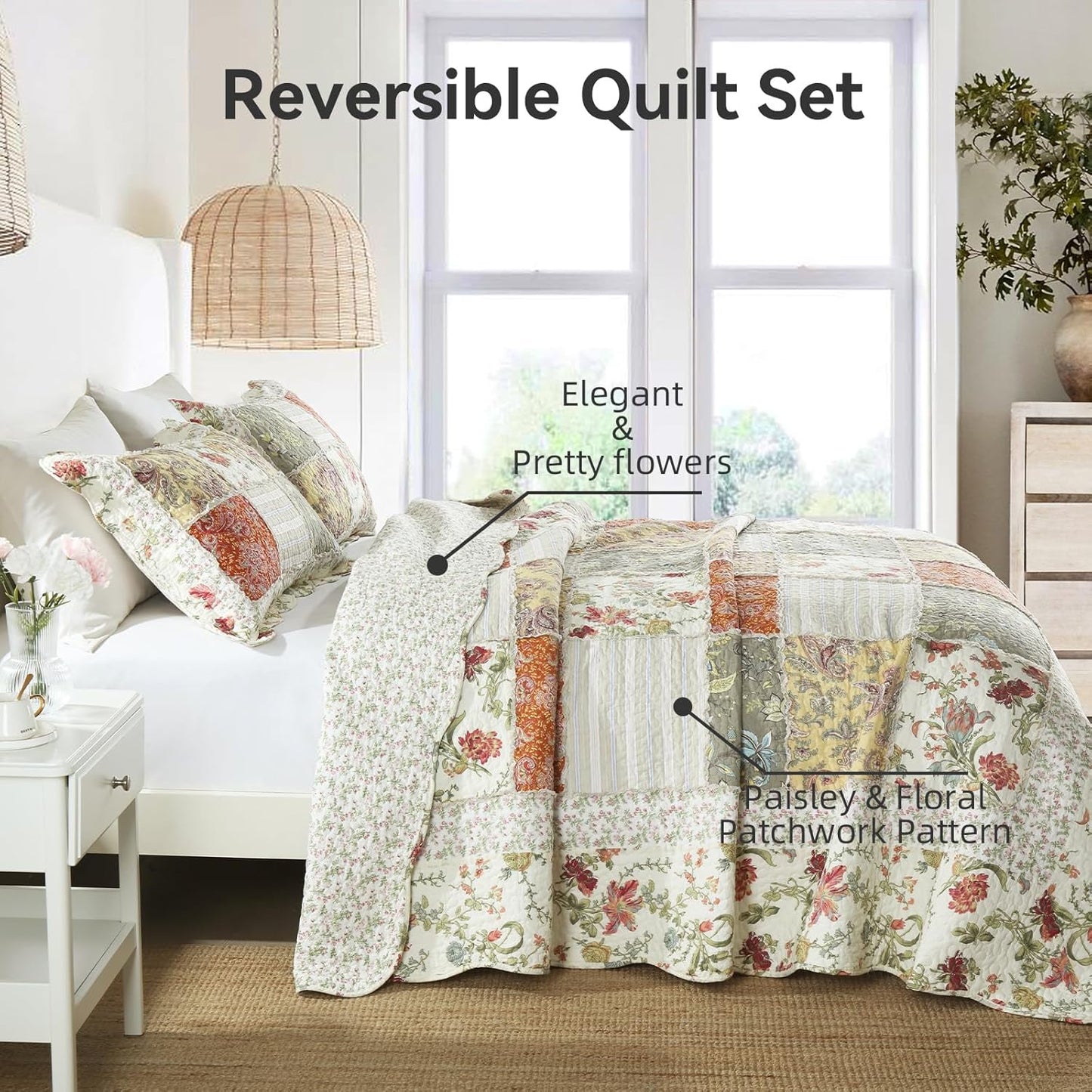 Yvooxny 3-Piece Quilt Set King Size Quilted Bedspread Reversible Country Style Floral Real Patchwork Bedding Quilt Set with Ruffles with Pillowcases for All Seasons, 108 * 96 Inches