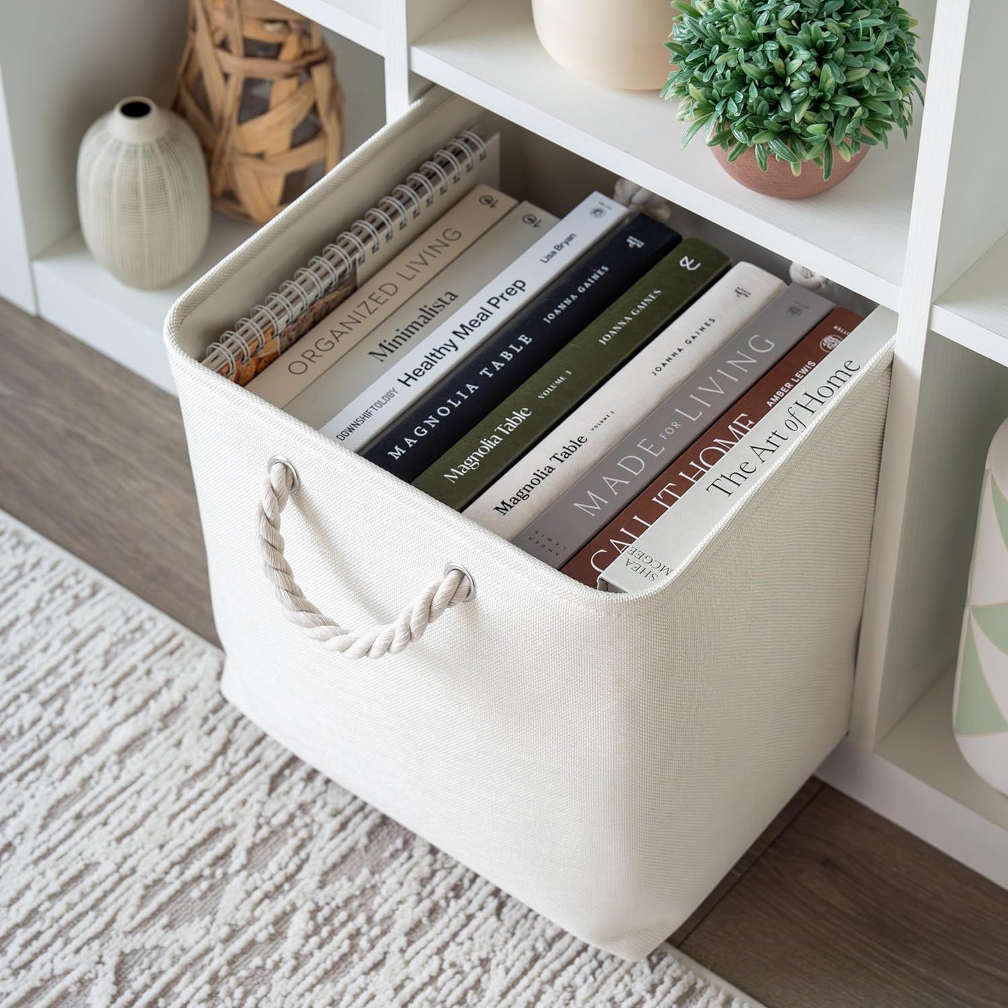 OrganiHaus 13x13 Cube Storage Bins 4 Pack, Foldable Cube Storage Organizer w/ Rope Handles, Collapsible Fabric Bins for Toys, Clothes & Closet Organization, Fabric Square Baskets - Off-White