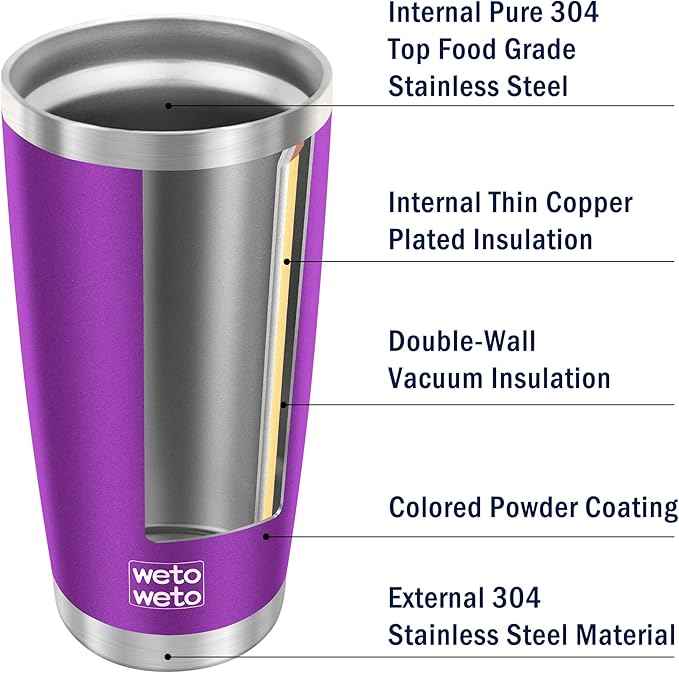 WETOWETO 20oz Tumbler with 2 lids and 2 straws, Stainless Steel Vacuum Insulated Water Coffee Tumbler Cup, Double Wall Powder Coated Spill-Proof Travel Mug Thermal Cup (Purple, 1 Pack)