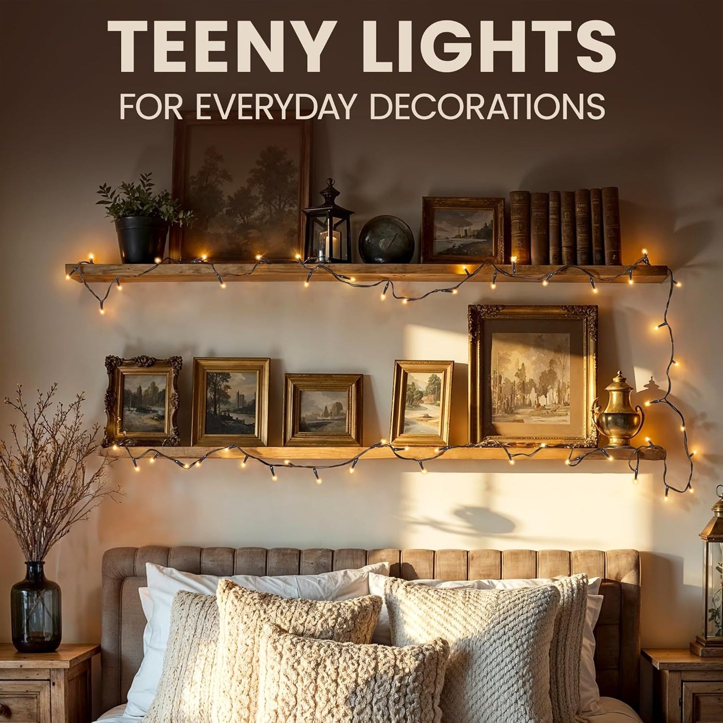 Teeny Lights 50Ct Brown - Warm Mini Bulbs with Brown Cord - Indoor/Outdoor Water-Resistant Farmhouse String Lights for Patio, Wedding, Home Decor, Rustic Christmas