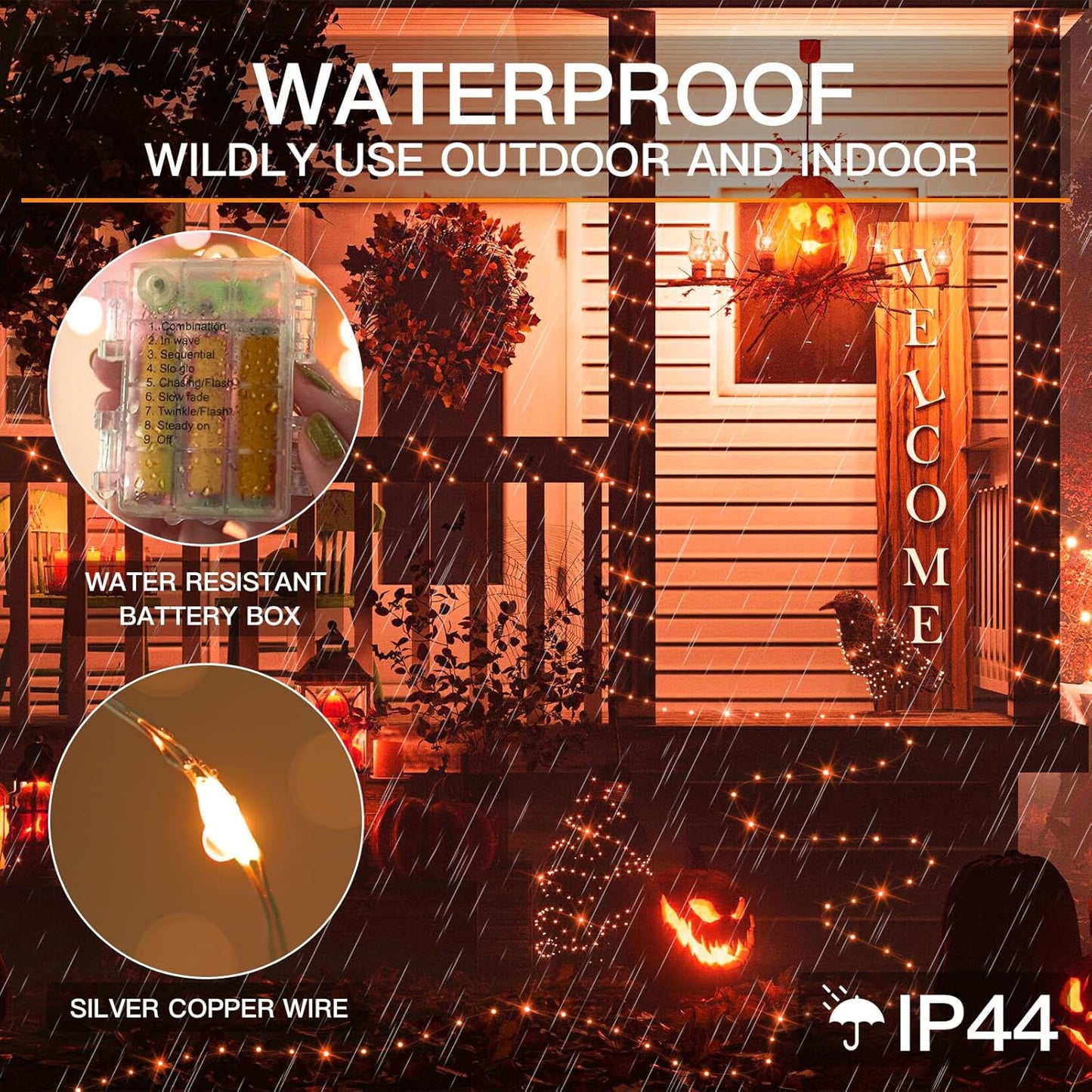 suddus Orange Halloween Fairy Lights Battery Operated, 66ft 200 LED Copper Wire Twinkle Lights Waterproof, String Lights with Remote for Bedroom, Party, Yard, Door, Garland, Tree Decorations