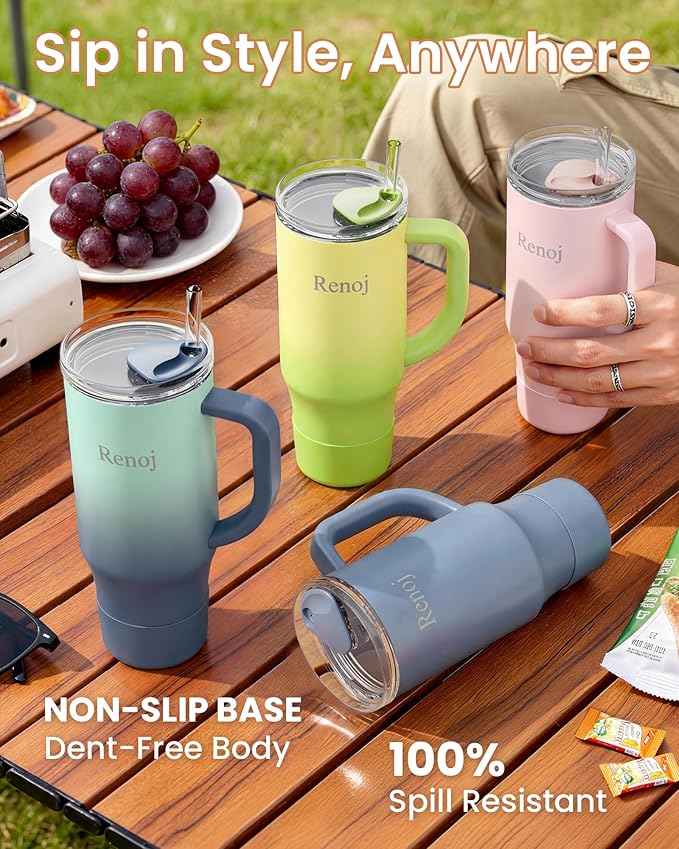 Renoj Insulated Mug 100% Spill Resistant Insulated Water Bottle for Iced Coffee & Hot Drinks - Fits Car Cup Holder, Ideal Gift, 2 Straws & Silicone Boot - FlexSlide Navy Blue 32 oz