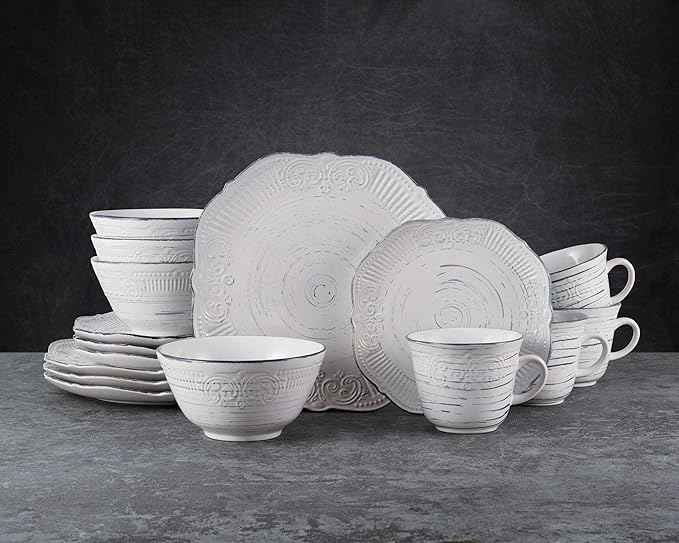 Pfaltzgraff Isabella 16-Piece Stoneware Dinnerware Set, Service for 4 - Handpainted Unique Glazed Finish - Includes Dinner Plates, Salad Plates, Bowls, Mugs - Dishwasher & Microwave Safe (Gray)