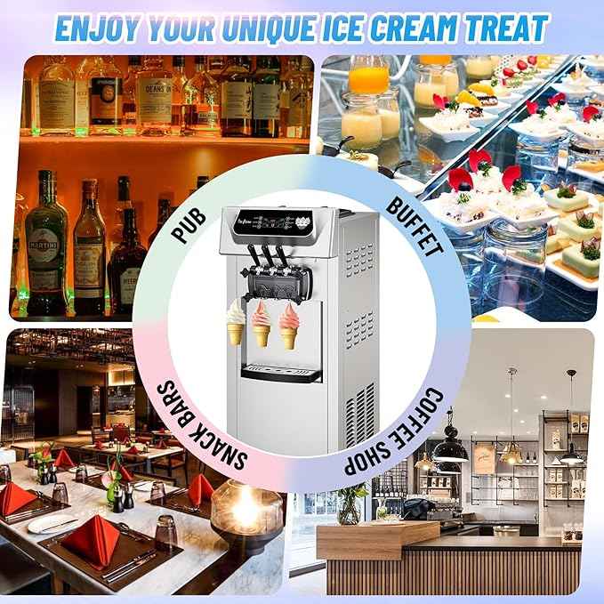 Commercial 2+1 Flavor Soft Ice Cream Machine, 5.8 to 8 gal Per Hour Soft Serve, 2200W Stainless Steel Vertical Ice Cream Maker with Self-Cleaning, High Productivity, Perfect for Home and Snack Bar