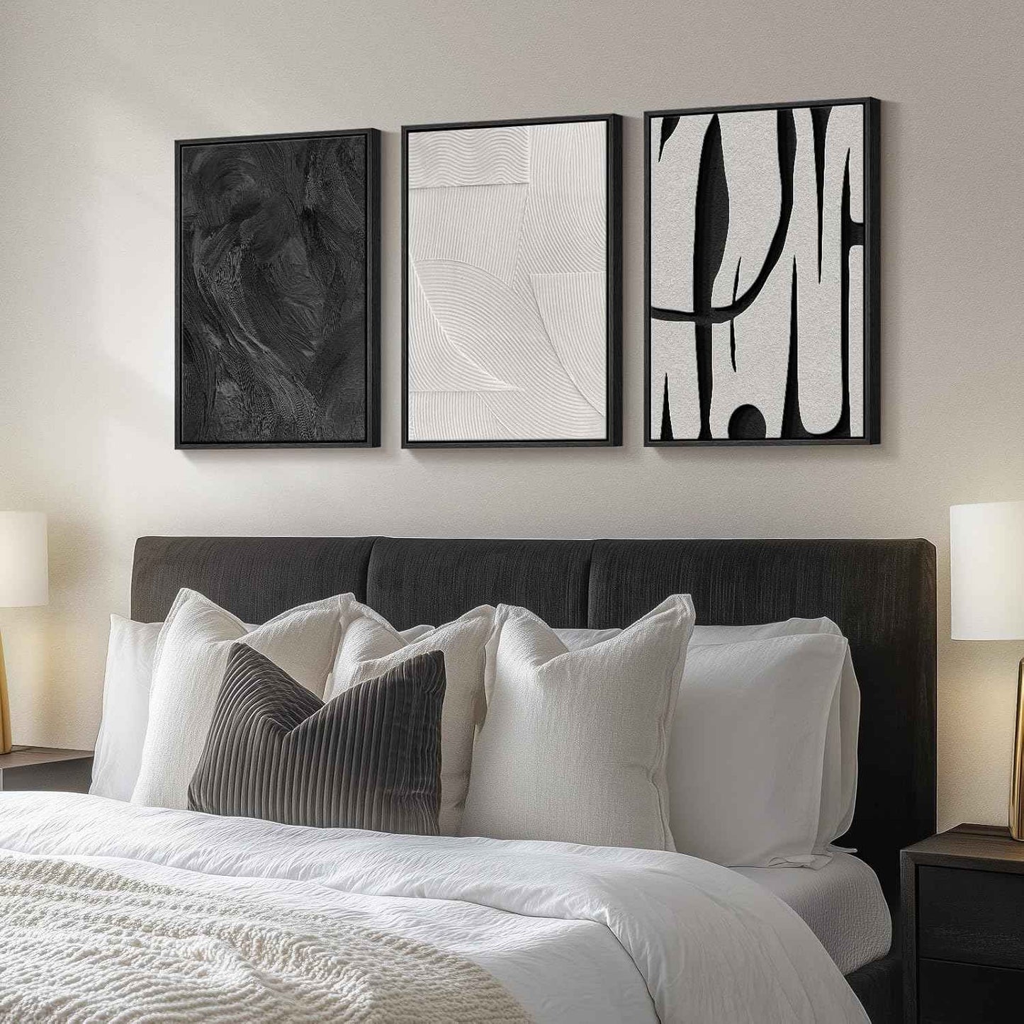 Framed Black and White Abstract Wall Art, 3 Piece Modern Canvas Prints Paintings Art for Walls, Minimalist Black White Abstract Pictures for Living Room Bedroom Dining Room Office Wall Decor 16x24 In