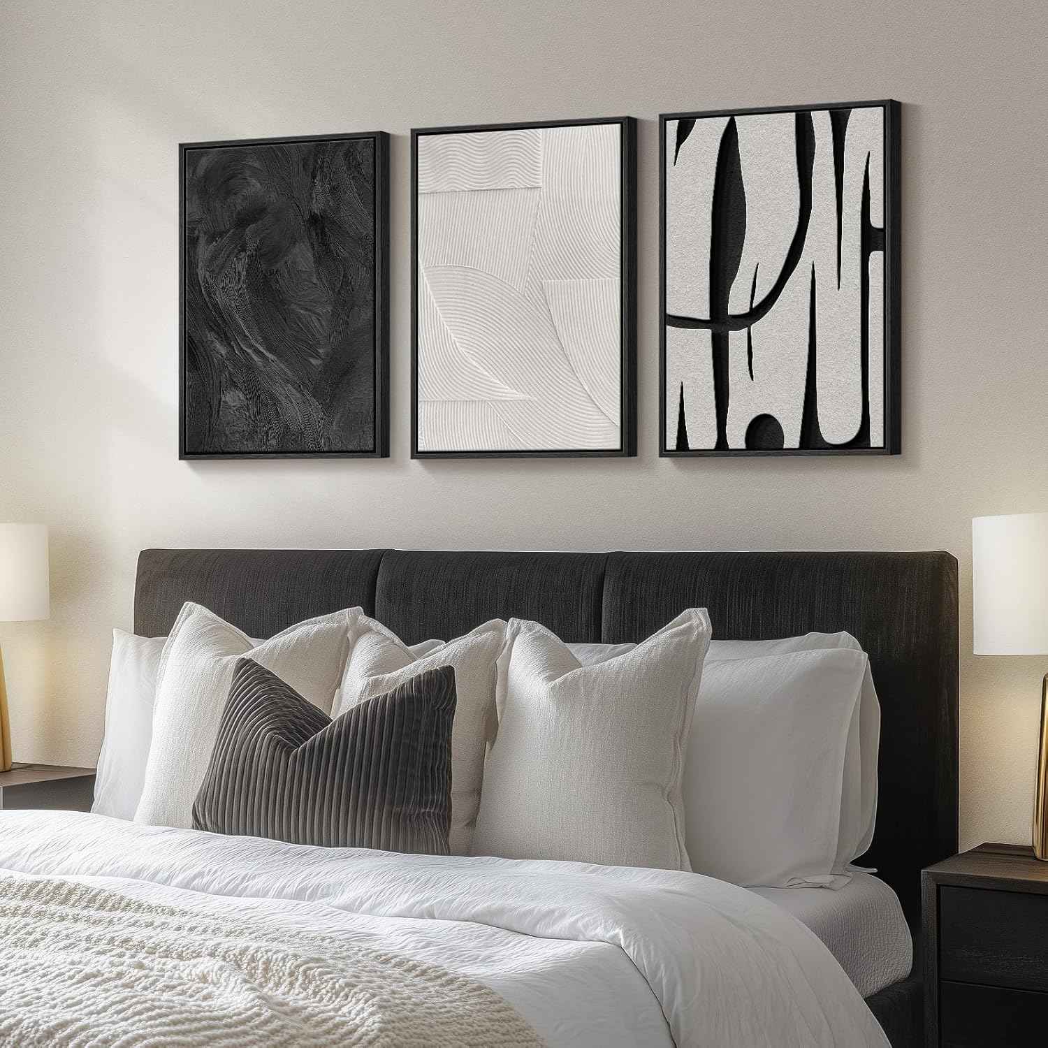 Framed Black and White Abstract Wall Art, 3 Piece Modern Canvas Prints Paintings Art for Walls, Minimalist Black White Abstract Pictures for Living Room Bedroom Dining Room Office Wall Decor 16x24 In