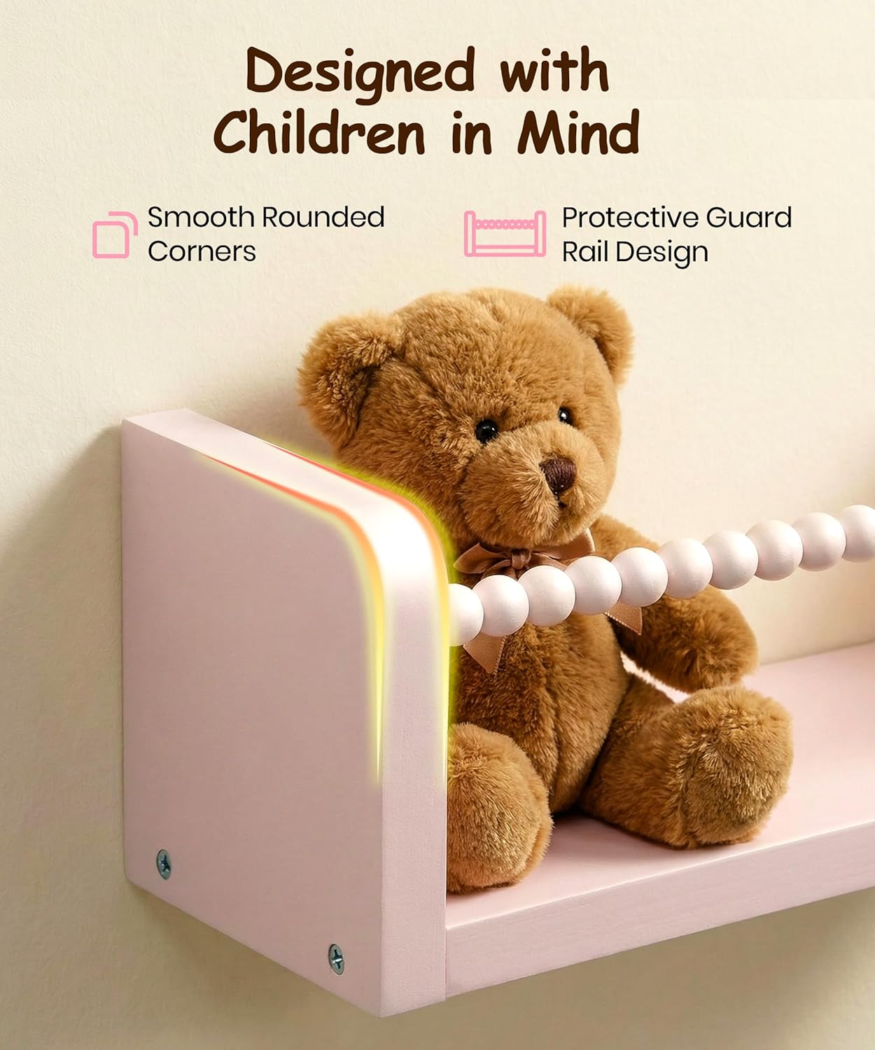 Nursery Book Shelves for Wall Set of 3, Pink Natural Wood Bookshelf Wall Decor, Small Floating Shelf Organizer for Kids Room, Bedroom, Kitchen Spice Rack