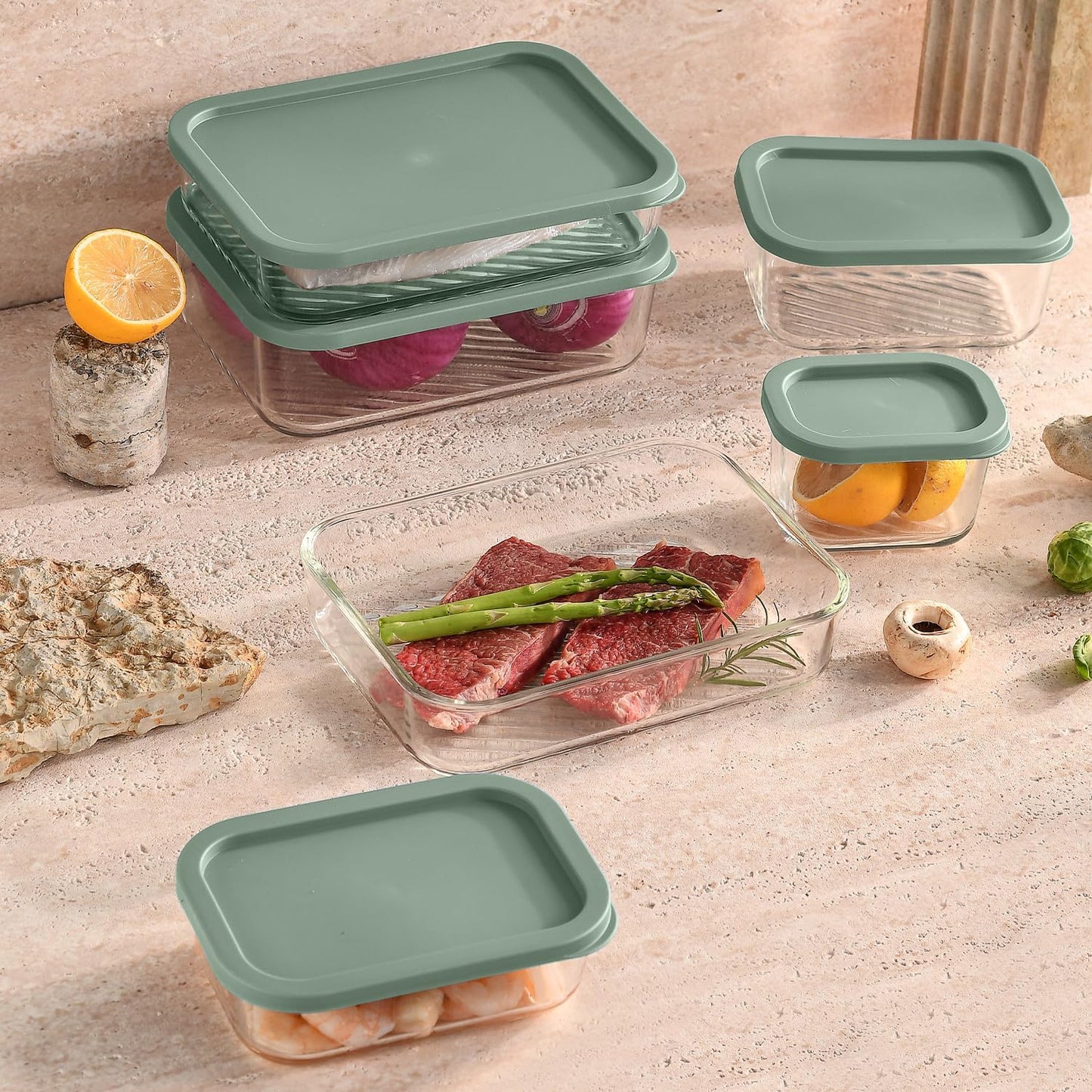 EATEX 14 Pack Glass Meal Prep Containers with Grooved Base, 14 Stackable BPA Free Glass Storage Containers with Lids for Lunch, Pantry, and Kitchen - Microwave, Dishwasher Freezer & Oven Safe - Sage