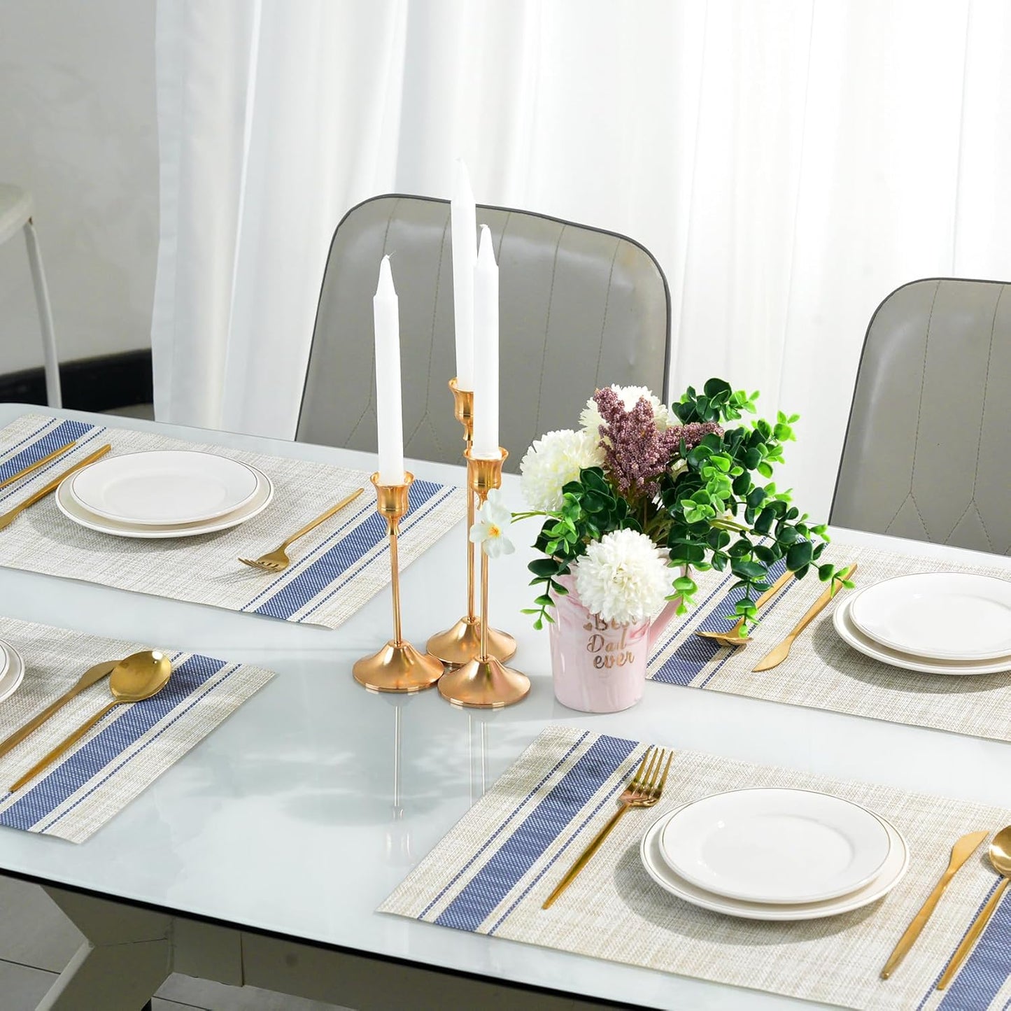 Placemats Set of 6，Non-Slip PVC Weave Table Mats Easy to Clean，Heat Resistant Place Mats for Kitchen Dining Table Decoration Indoor Outdoor，Khaki Blue