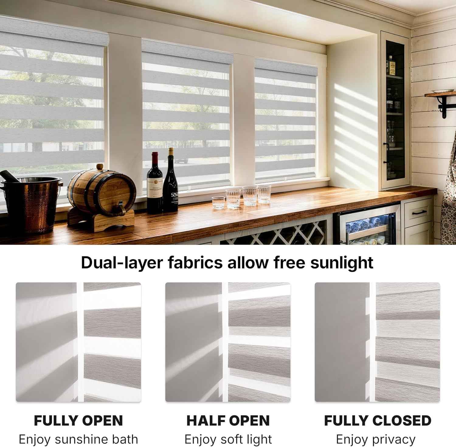 HESTIA Cordless Light Filtering Zebra Shades for Windows, Day Night Dual-Layer Linen-Look Woven Fabric Roller Shades, Privacy Light Control for Living Room/Home Office, Light Grey, 44" W x 72" H