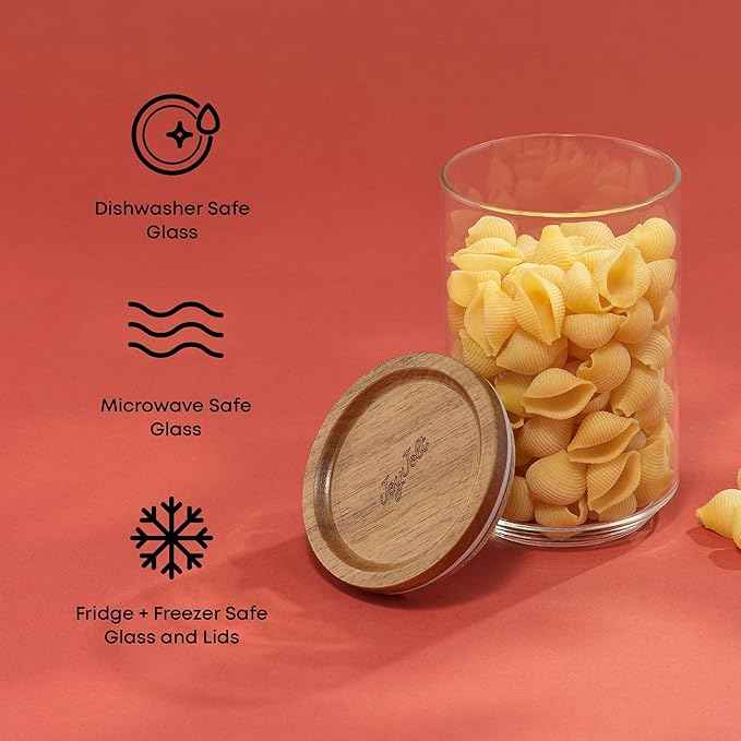 JoyJolt Holden 7-Piece Stackable Glass Storage Containers with Lids, Airtight Food Canister Set with Acacia Wood Lids, Round Stacking Pantry and Kitchen Containers for Pasta, Flour, Sugar, Coffee