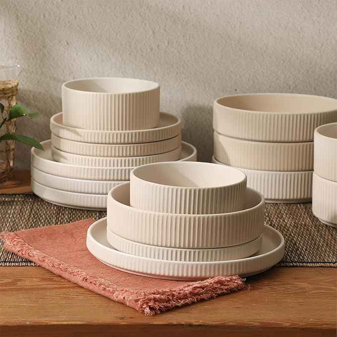 Gibson Elite Deerfield 16-Piece Stoneware Dinnerware Set – Cream White Reactive Glaze Plates and Bowls, Stackable Design, Service for 4 – Dishwasher & Microwave Safe
