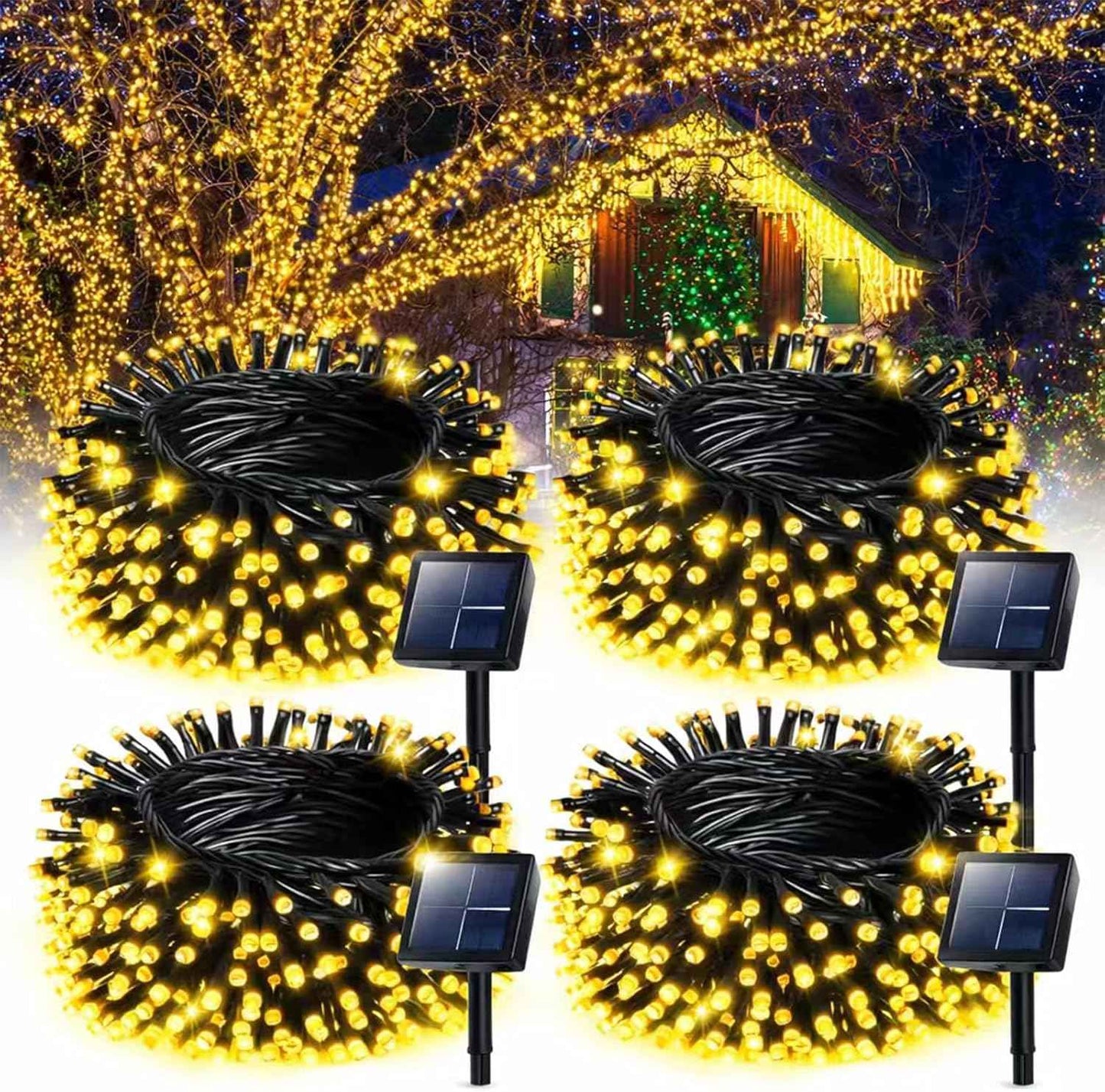 4Pack Solar String Lights Outdoor Waterproof Brightness 480LEDs Powered Total 191Ft Fairy Light 8 Modes Green Wire Lamps for for Christmas Tree Outside Garden Yard Xmas Decor(Warm White)