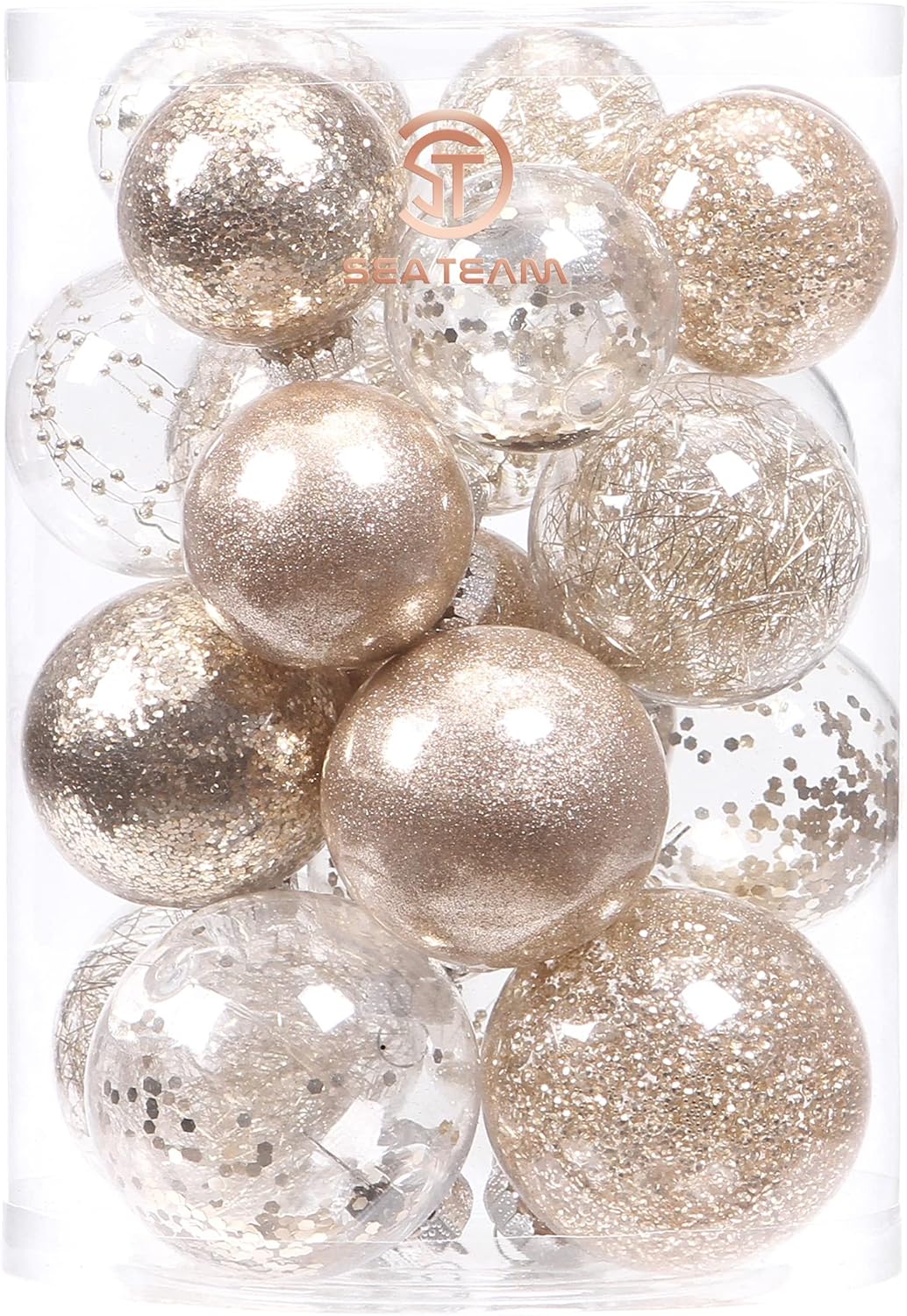 Sea Team Christmas Baubles Set Clear Plastic Shatterproof Multi-Size Decorative Christmas Baubles with Stuffed Delicate Decorations (25 Pieces, Champagne)