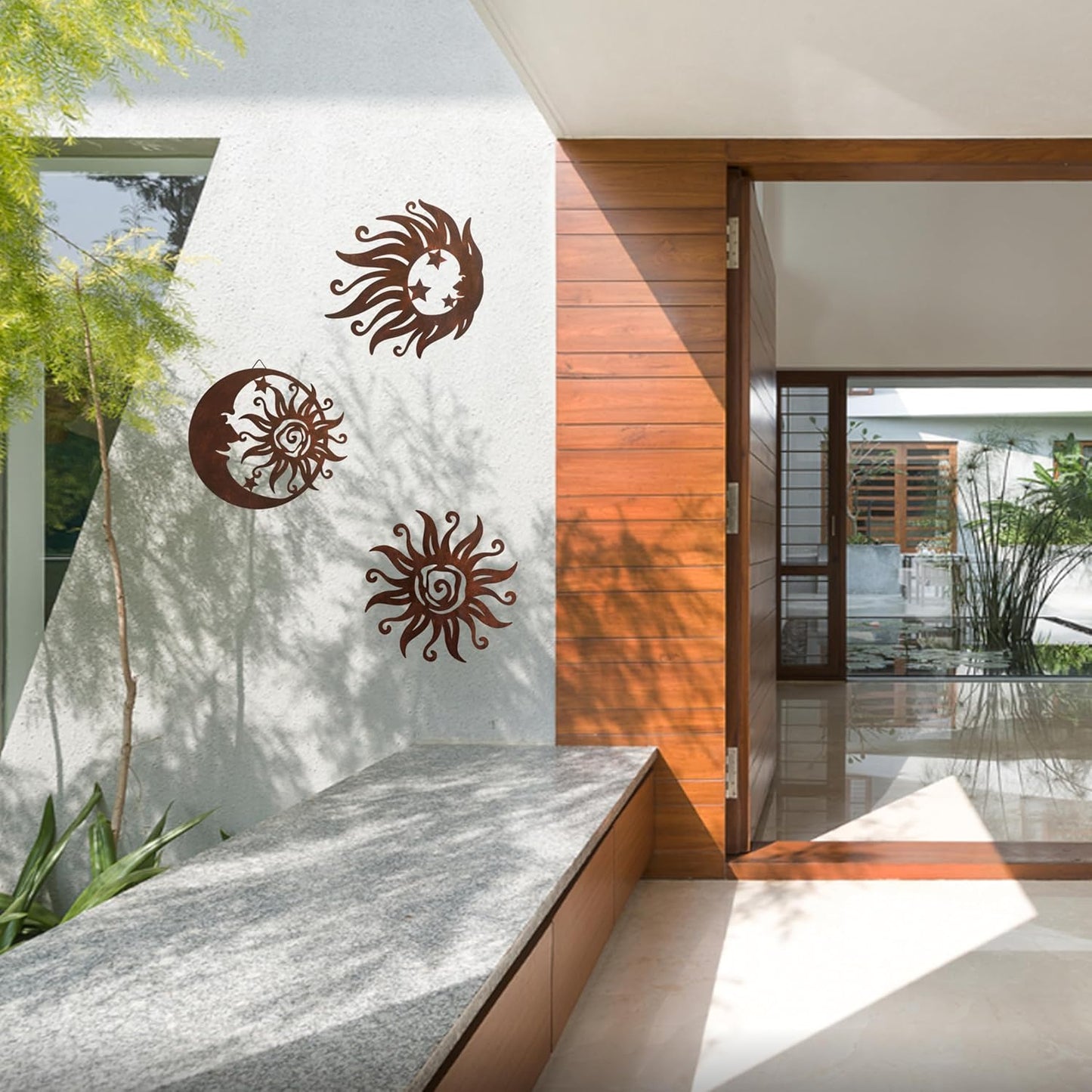 Limygus Sun Moon Wall Hanging, Wall Sculpture, Metal Wall Art Indoor/Outdoor Decor Rust Colored Rust Proof Wall Sculpture - Ideal for Bedrooms Gardens Homes Patios and Farmhouses Set of 3