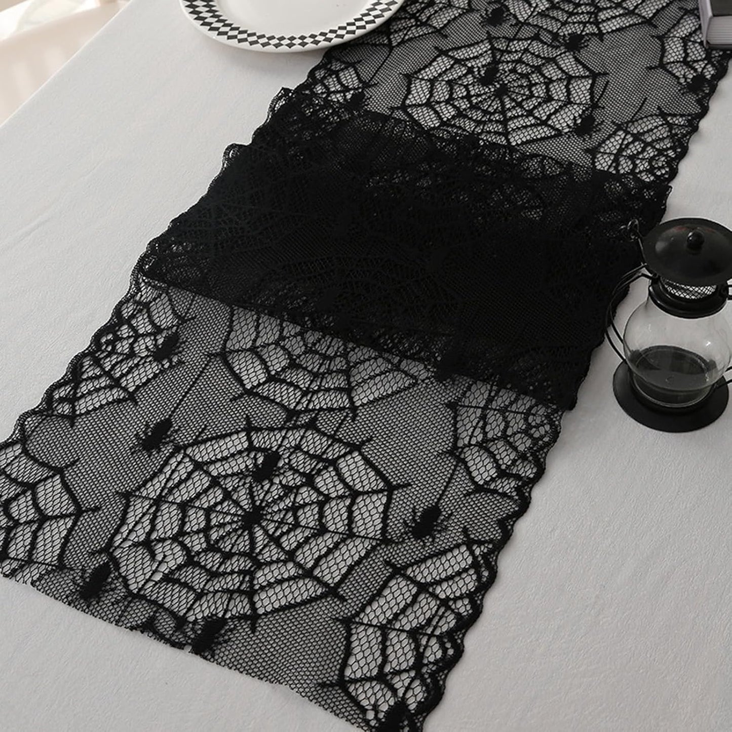 Halloween Lace Table Runners Black Gothic Spider and Cobweb Designs Lace Tablecloth Decorations Autumn Indoor Party Tabletop Cove for Halloween Decor Fireplace Mantel Scarf