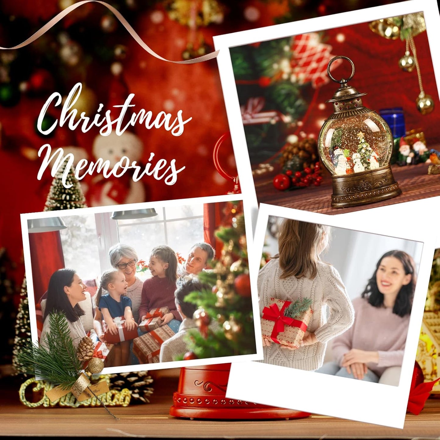 Christmas Snow Globe Lantern, Musical Lighted Snowman and Tree Snow Globes with 6H Timer, Battery & USB Operated Spinning and Swirling Glitter Snow Globes Christmas Decorations