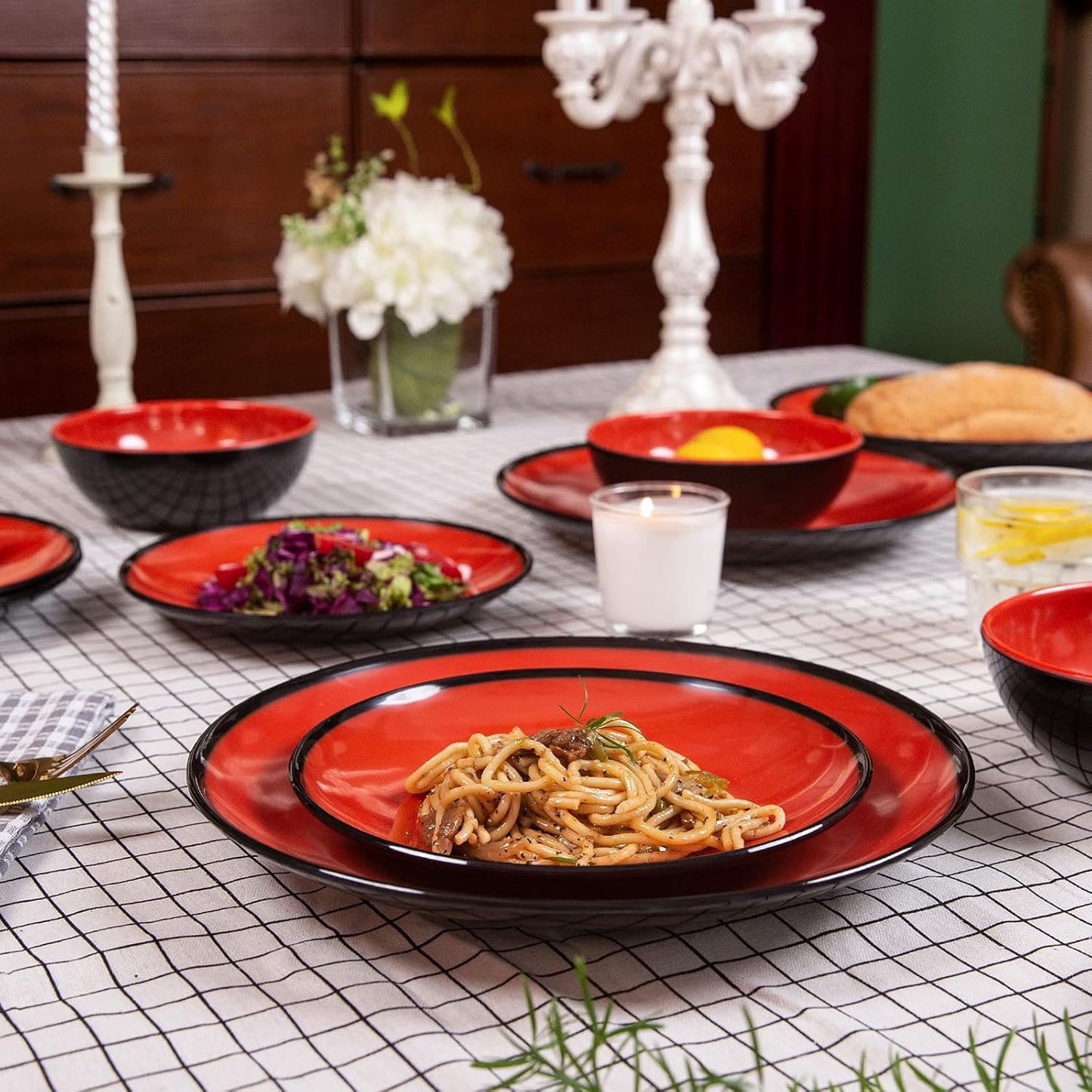 Melamine Dinnerware Set - 12pcs dinnerware set Indoor and Outdoor use, Plates and Bowls Set for 4, Two-color Design Dishes, Dishwasher Safe (Red+Black)