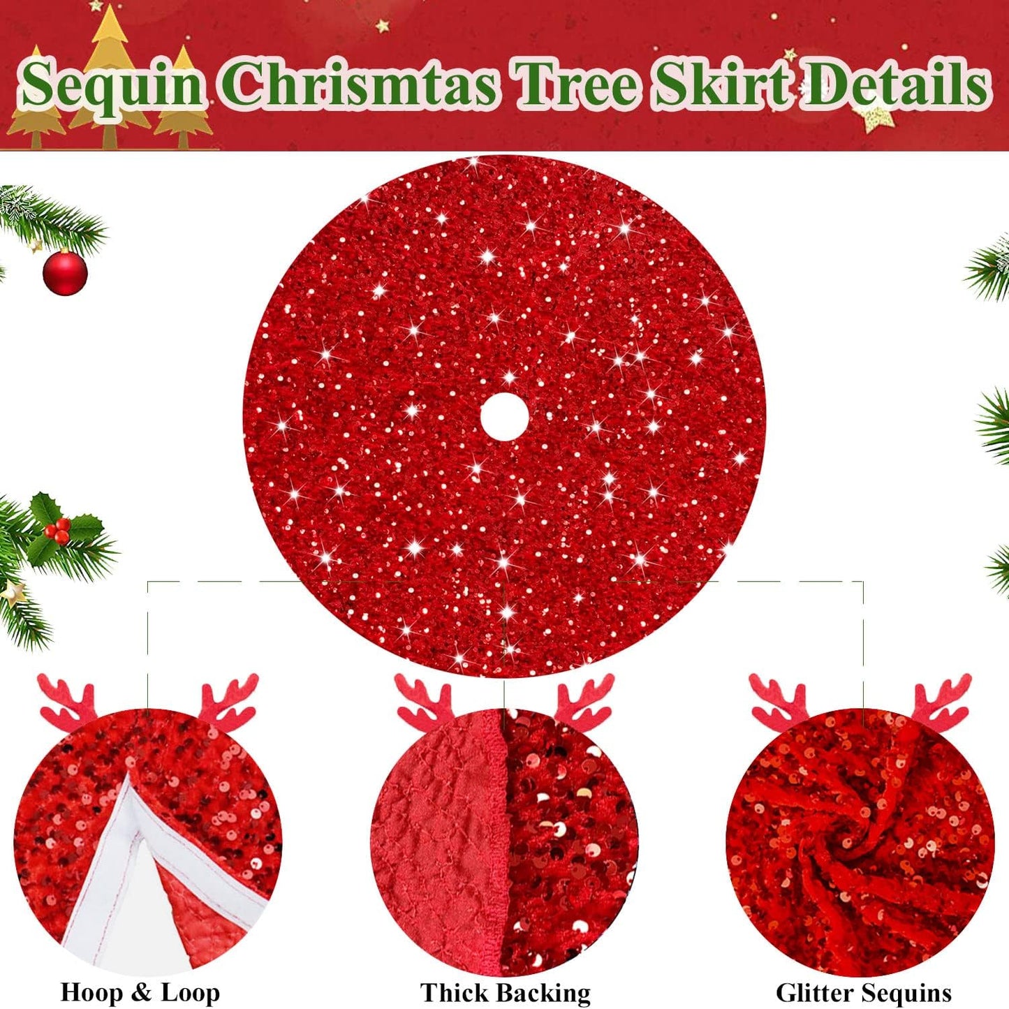 MODFUNS Red Christmas Tree Skirt Mini Glitter Tree Skirts 21 Inch Sequin Xmas Tree Skirt Thick Velvet Tree Mat Small Sparkly Tree Skirts Bling Christmas Tree Skirting Collar for Winter Holiday Decor
