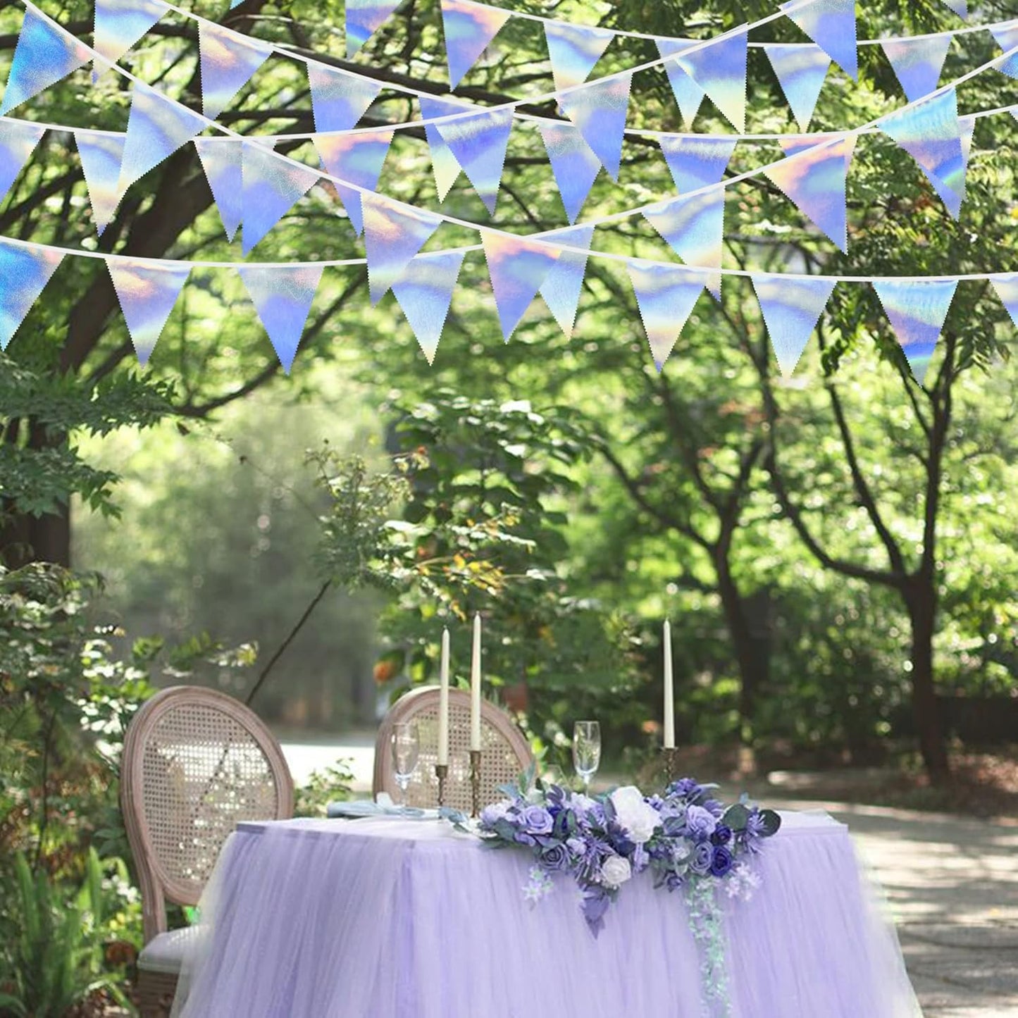 33Ft Iridescent Party Decoration Holographic Fabric Triangle Pennant Banner Flag Cotton Bunting Garland for Birthday Wedding Bridal Shower Bachelorette Engagement Disco Euphoria Galaxy Party Supplies