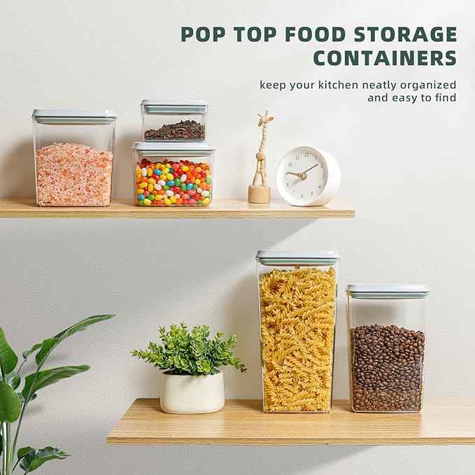 Pop Up Lid Food Storage Containers, Clear Storage Containers for Pantry Airtight Kitchen Containers Storage Set - 5 Pack for Cereal, Flour and Sugar, 3.5Qt, 2.9Qt, 2.1Qt, 1.3Qt, 0.6Qt