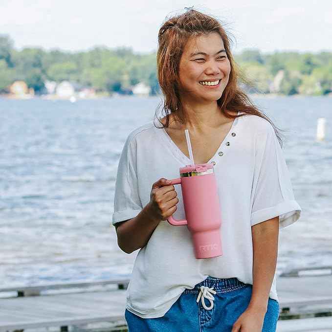 RTIC 30 oz Road Trip Tumbler Double-Walled Ceramic Lined InsulatedStainless Steel Portable Travel Coffee Mug Cup with Lid, Handle and Straw, Pink Magnolias