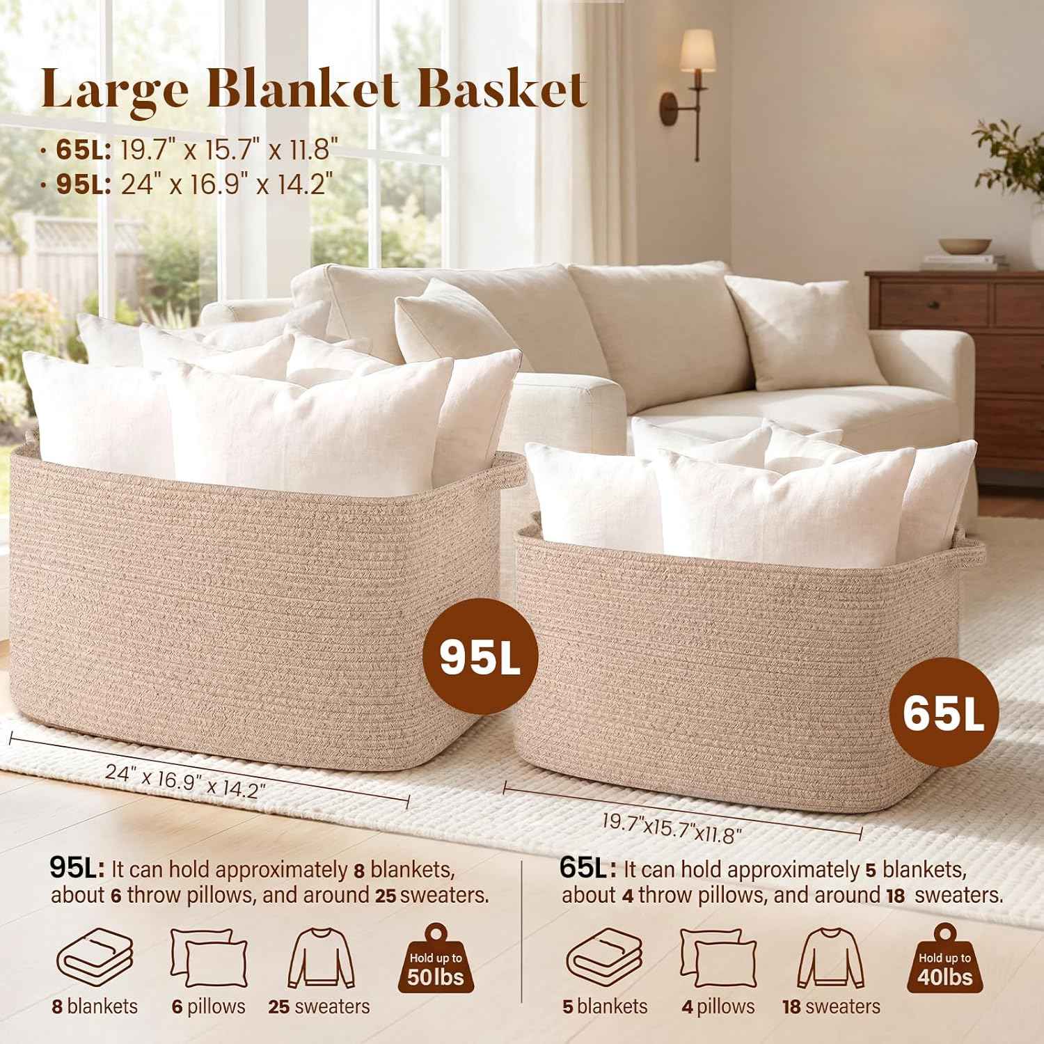 95L Cotton Rope Large Blanket Basket (24" x 16.9" x 14.2") for Living Room, Kids Room & Laundry, Storage Basket with Handle for Organizing Blankets, Pillows, Clothes & Toys, Brown