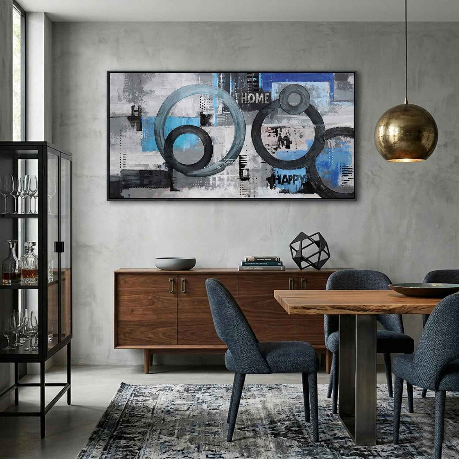 Navy Blue Abstract Wall Art for Living Room - Large Modern Canvas Pictures for Bedroom and Office Decor - Black Framed Wall Art Blue Artwork for Walls 24×48IN
