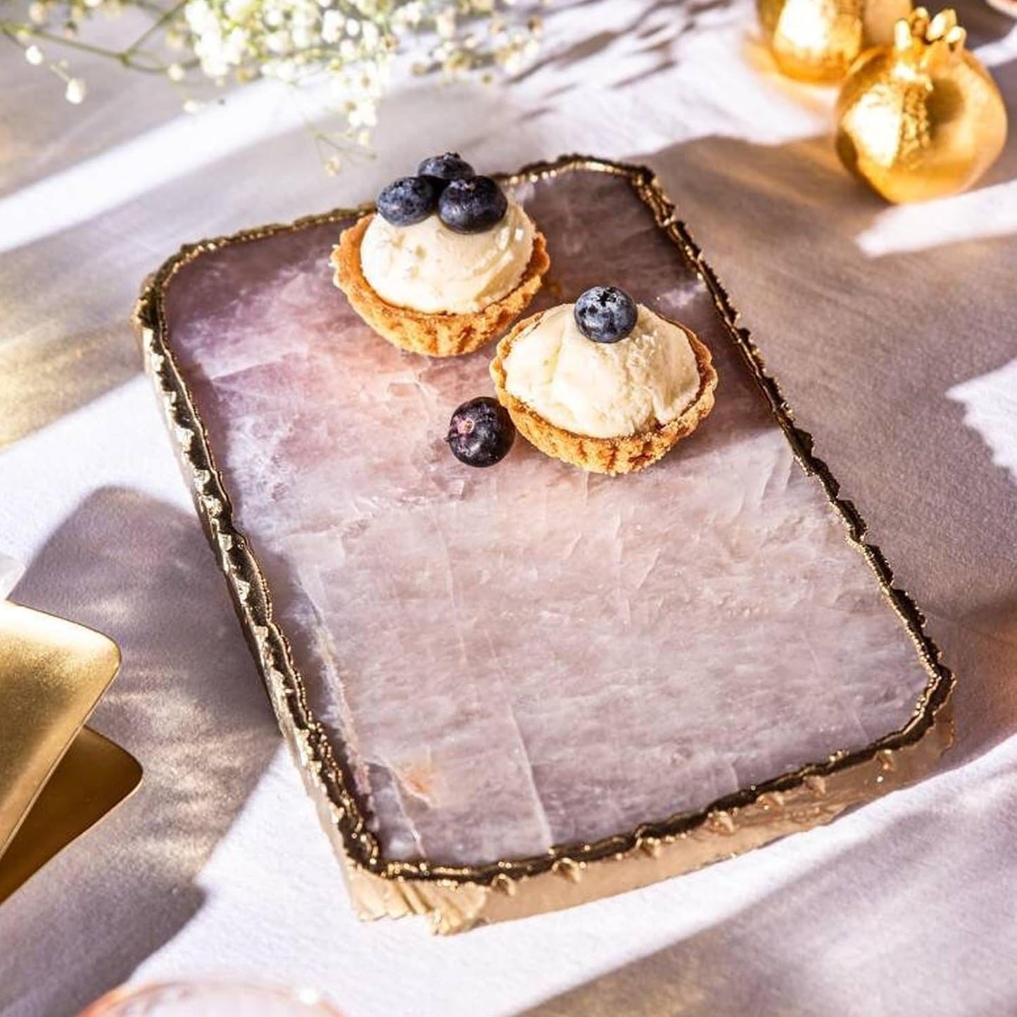 Generic Rose Quartz Cheese Serving Board Platter Tray Gold Plated Edges Decorative Agate Slab for Table Centrepiece Geode Stone Gifts For House Warming, Engagement, Wedding