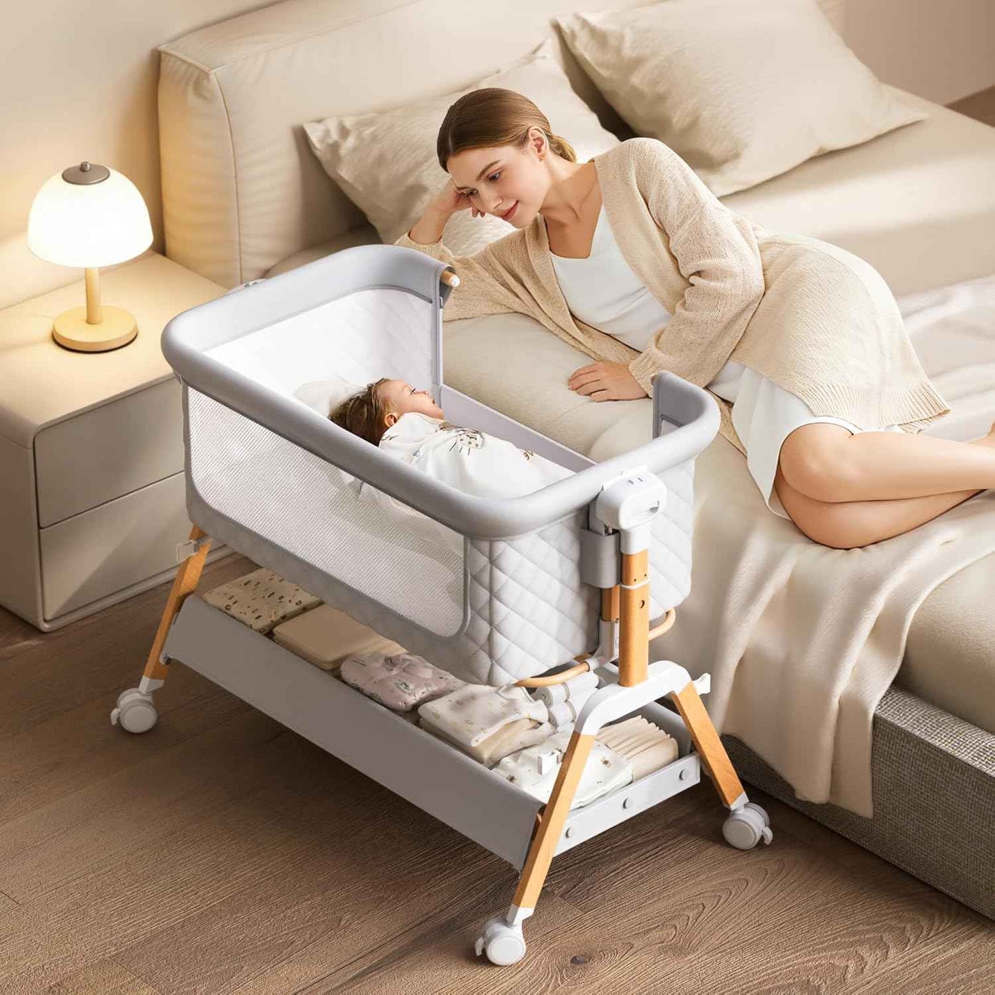 3 in 1 Baby Bassinet Bedside Sleeper,Bedside/Rocking Bassinet for Baby with Waterproof Comfy Mattress and Lockable Wheels,7 Adjustable Height, Easy Folding Portable Crib for Newborn(Gray)