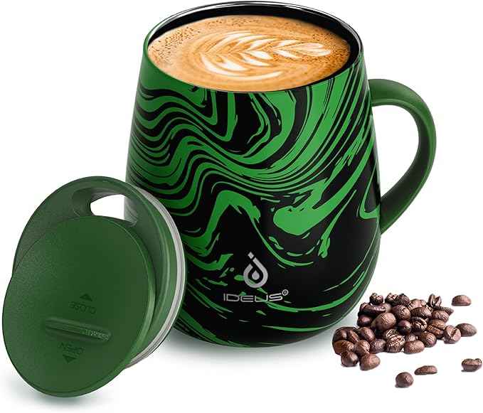 Ideus 16 oz (470 ml) Insulated Coffee Mug with Handle and Lid, Double Wall Stainless Steel Vacuum Thermal Coffee Mug, Travel Coffee Cup Thermal Cup for Home and Office (Green Zebra)