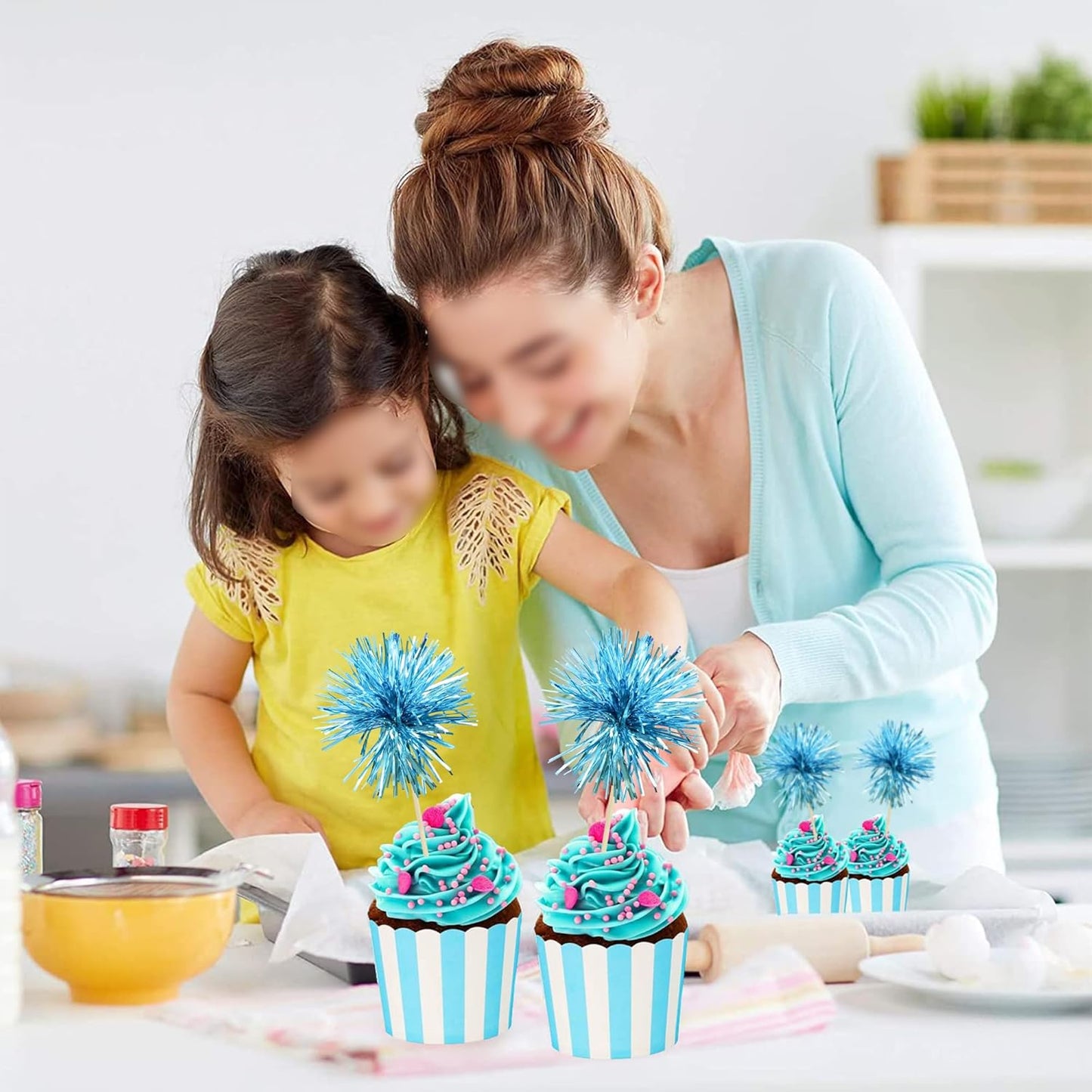 Ephlyn 30Pcs Foil Firework Cupcake Toppers Sparkle Tinsel Cupcake Picks Happy Birthday Cake Toppers Drink Stirrers Cocktail Food Toothpicks for Baby Shower Birthday Party Supplies Lake Blue