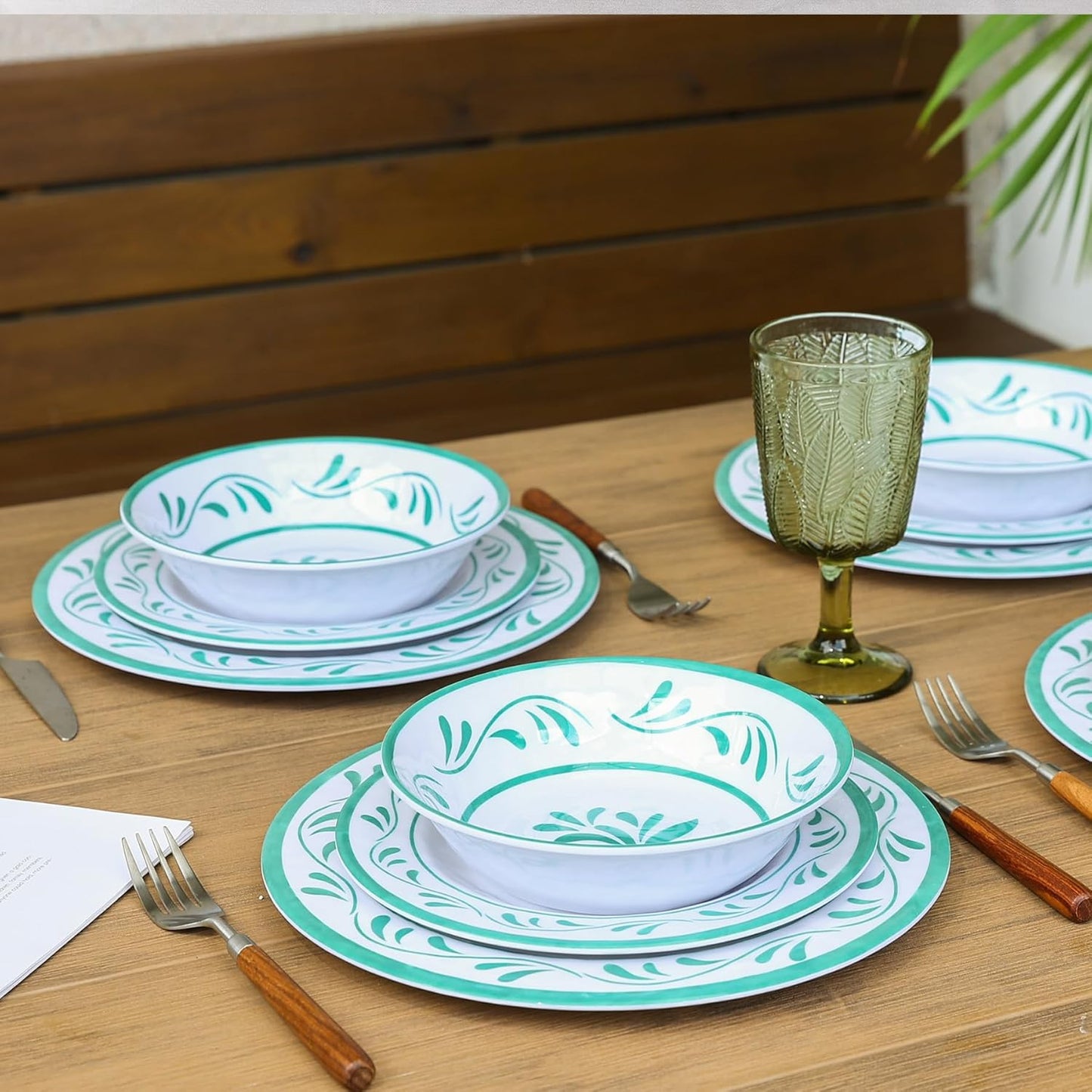 Melamine Dinnerware Sets 12 Pcs, Melamine Plates and Bowls,Party Plates and Bowls Sets, Camping Dishes Set for 4, Unbreakable, BPA Free, Dishwasher Safe （Green water drop flower）