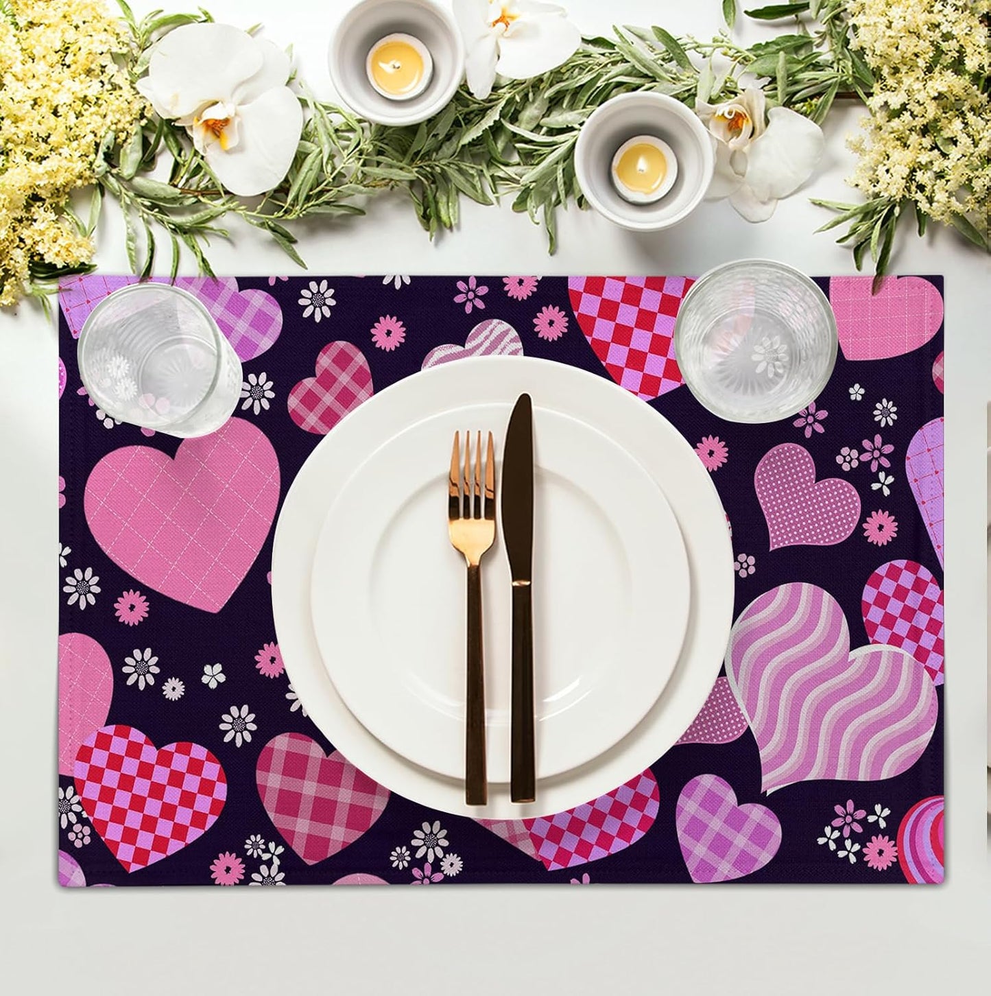Pink Love Hearts Valentine's Day Placemats Set of 4 Seasonal Valentines Anniversary Wedding Linen Table Mats Pink Black Washable Place Mats for Party Kitchen Dining Outdoor Indoor Decor 12x18 Inch