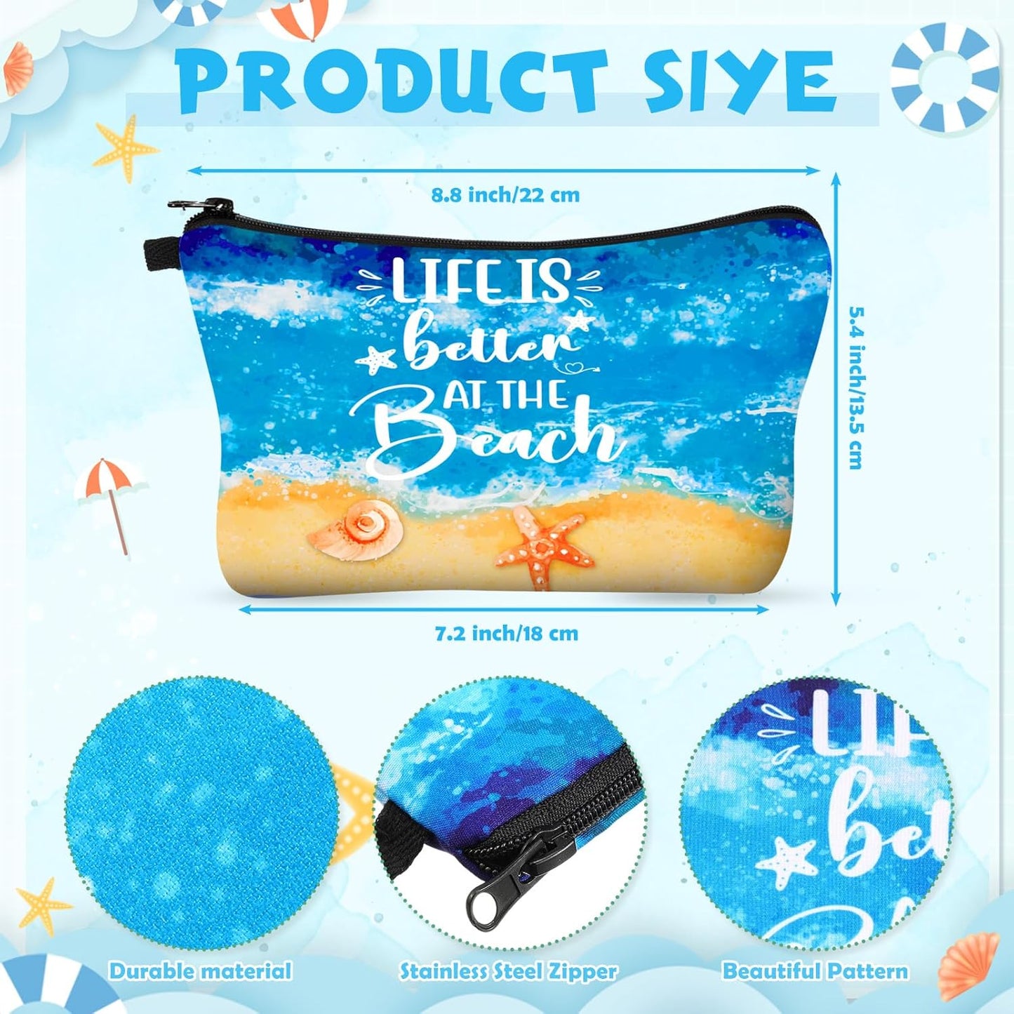 Mimorou Beach Gifts for Women 20 oz Insulated Tumbler with Straw and Lid Summer Ocean Sunset Makeup Bag Cosmetic Bag with Zipper, Cruise Vacation Gift for Ocean Lover(Life)