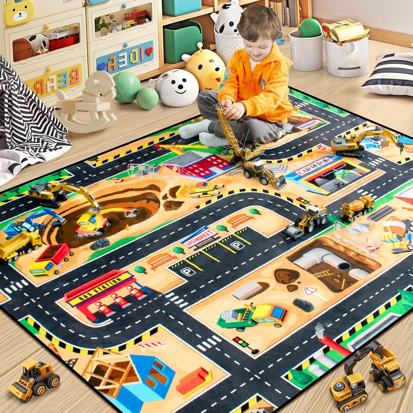 Kids 3x5 Ft Construction Site Play Rug, Baby Play Mat, Tufted Wool & Rubber, Non-Slip, Stain & Fade Resistant, Machine Washable, Rustic Cartoon Construction Site Pattern