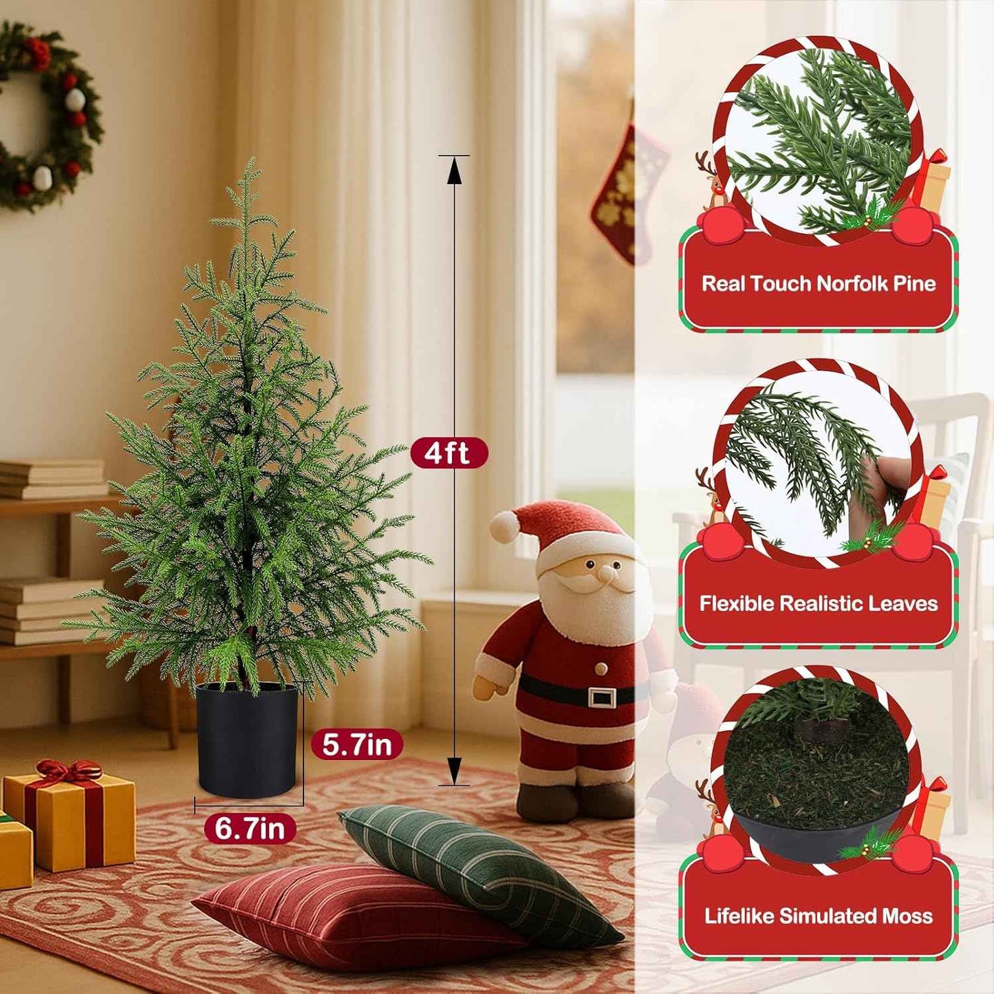 ENVEN 4FT Pre-Lit Artificial Norfolk Pine Christmas Tree – Realistic Potted Tree with 100 LED Lights & 8-Function Battery Box, Pre-Assembled Faux Holiday Décor for Indoor Use (2)