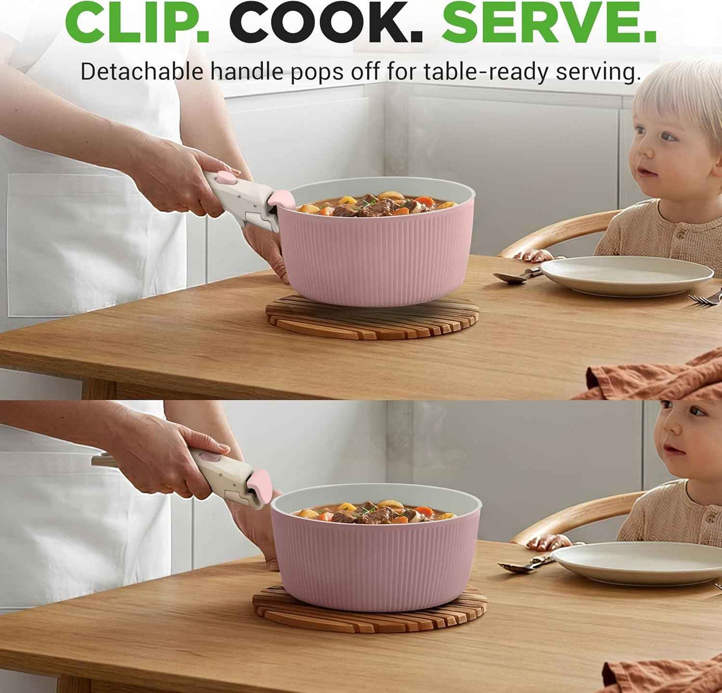 NutriChef 18-Piece Ceramic Cookware Set with Detachable Handles, Space-Saving Nonstick Pots, Pans & Lids, Oven-Safe Bowls, Stackable Storage, Includes Cooking Utensils & Accessories (Pink)